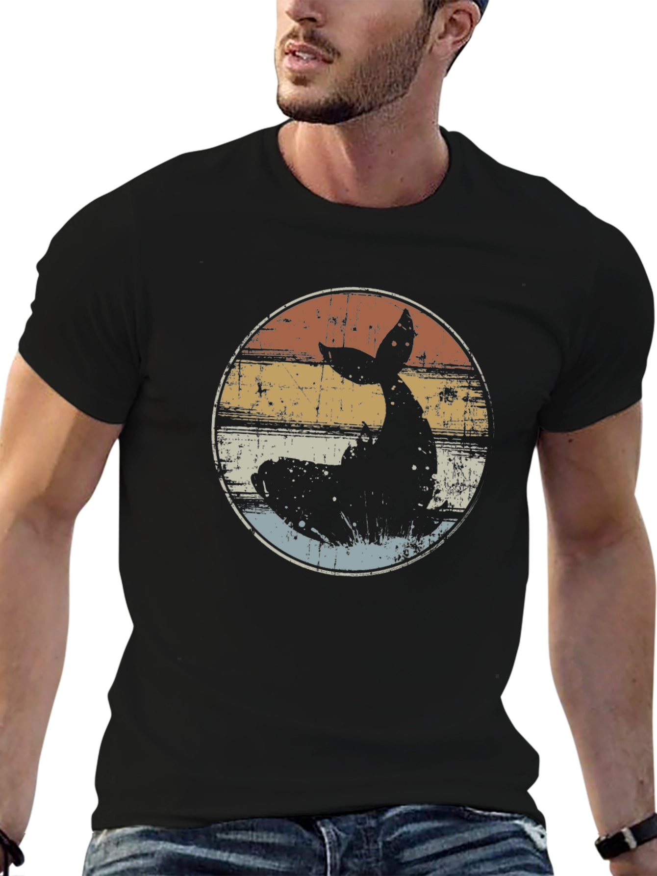 Retro Whale Tail Graphic T-Shirt - Black