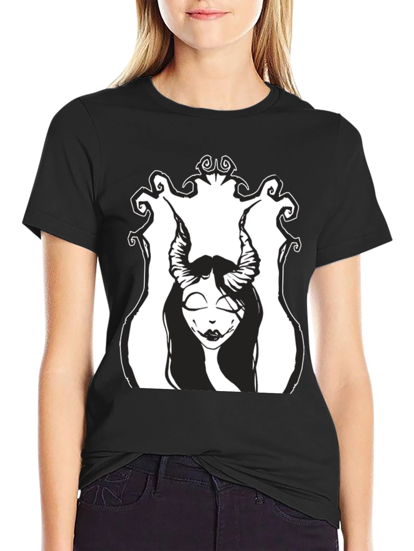 Black T-Shirt with Gothic Demon Girl Graphic