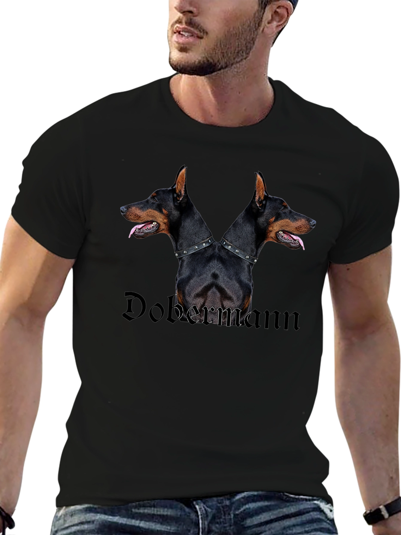 Dobermann Two-Headed Dog Graphic Black T-Shirt