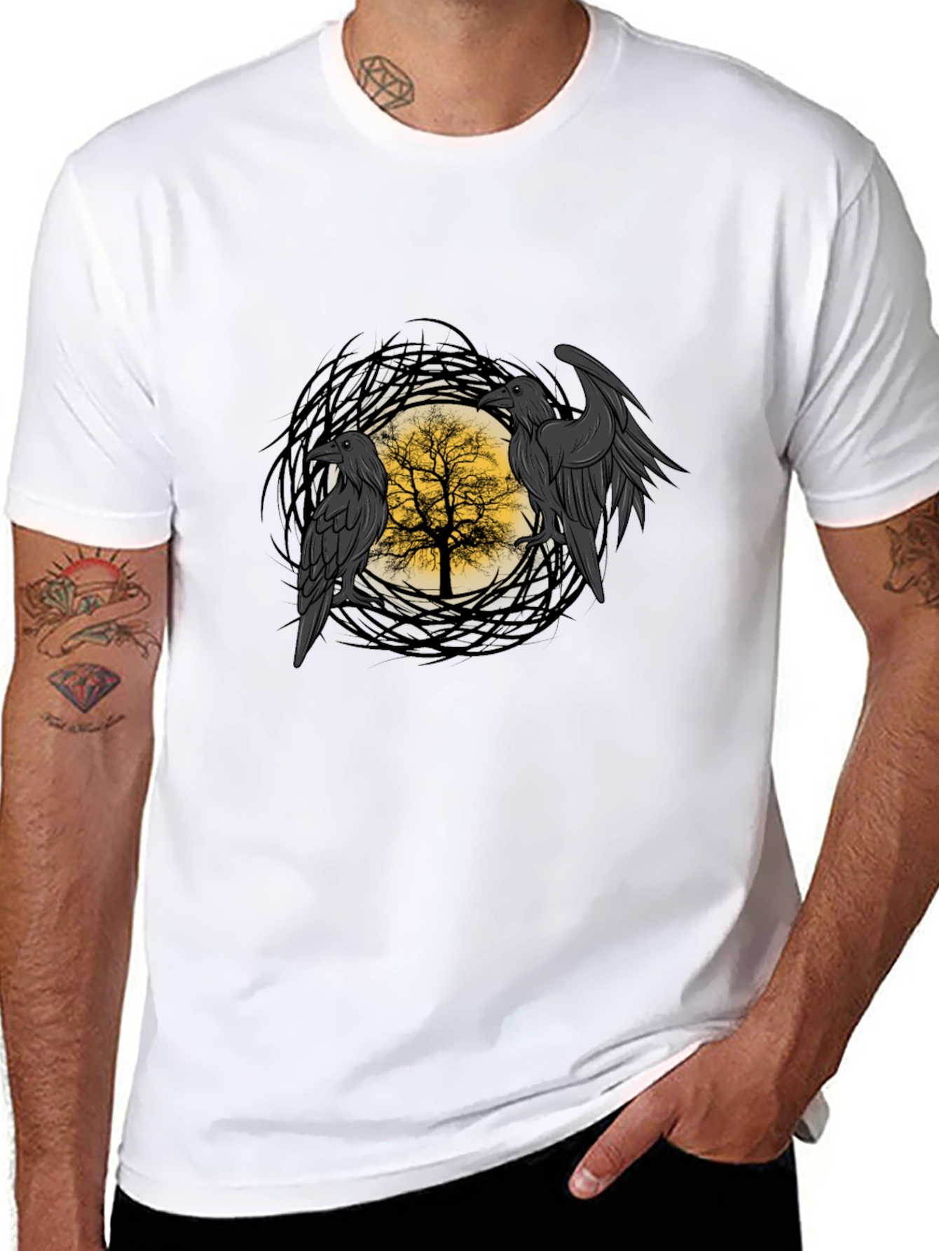 Raven Tree Graphic Tee - Gothic Style Mens T-Shirt