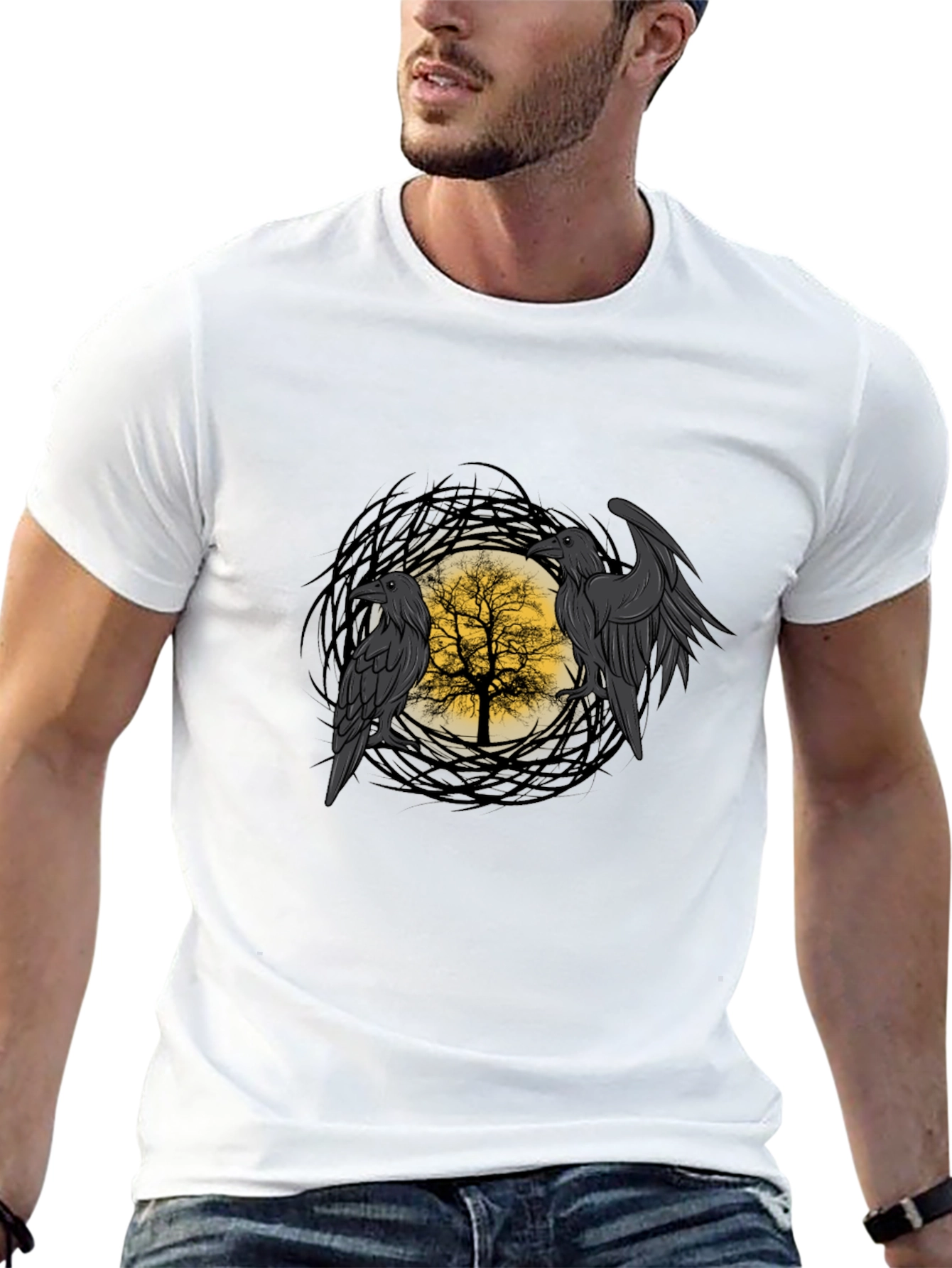 Raven Tree Graphic Tee - Gothic Style Mens T-Shirt