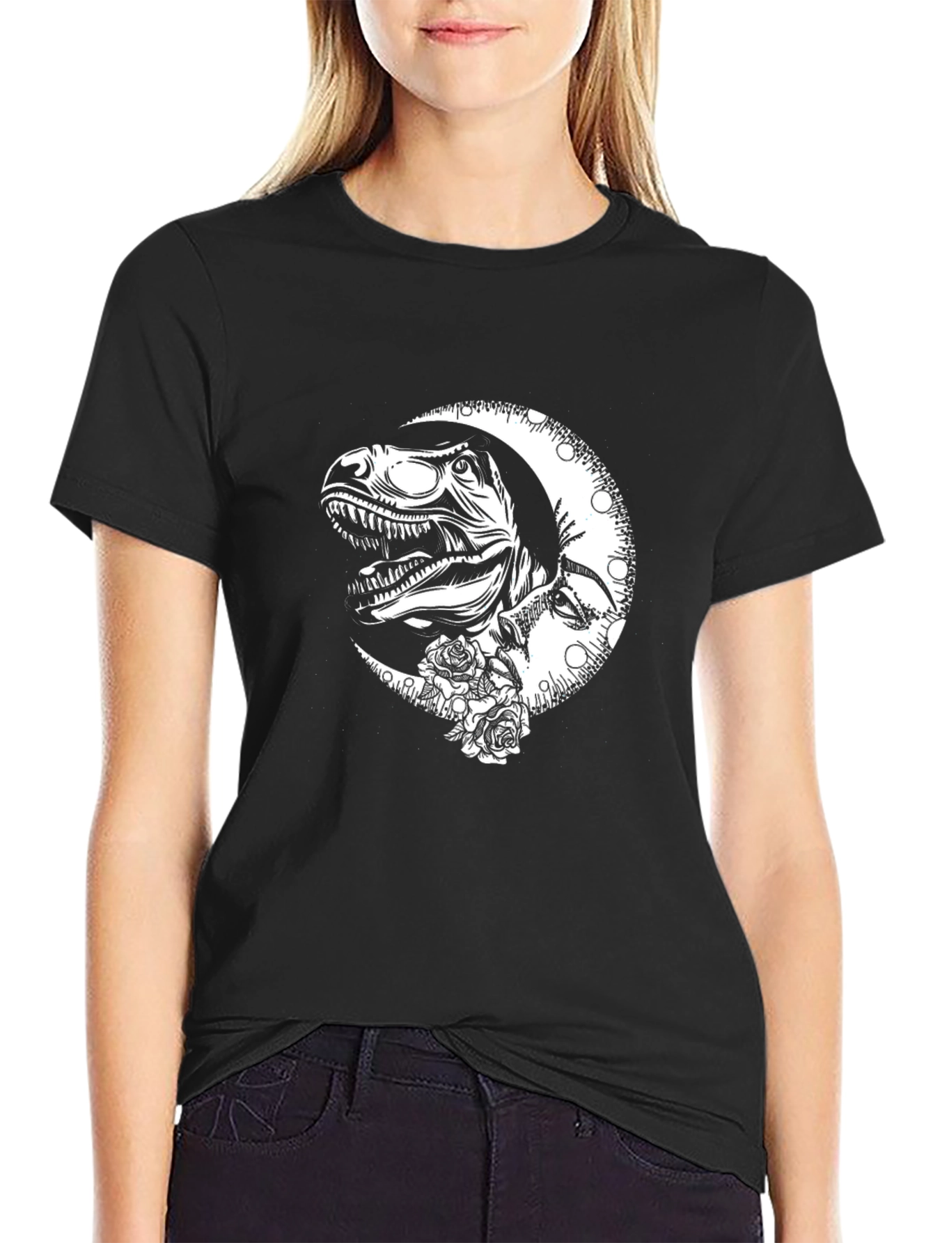 Dino Moon Graphic Tee - Black Cotton T-Shirt