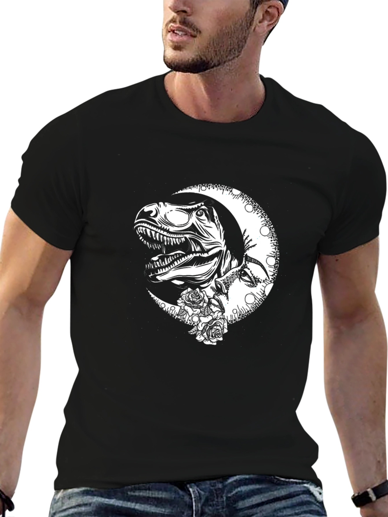 Dino Moon Graphic Tee - Black Cotton T-Shirt