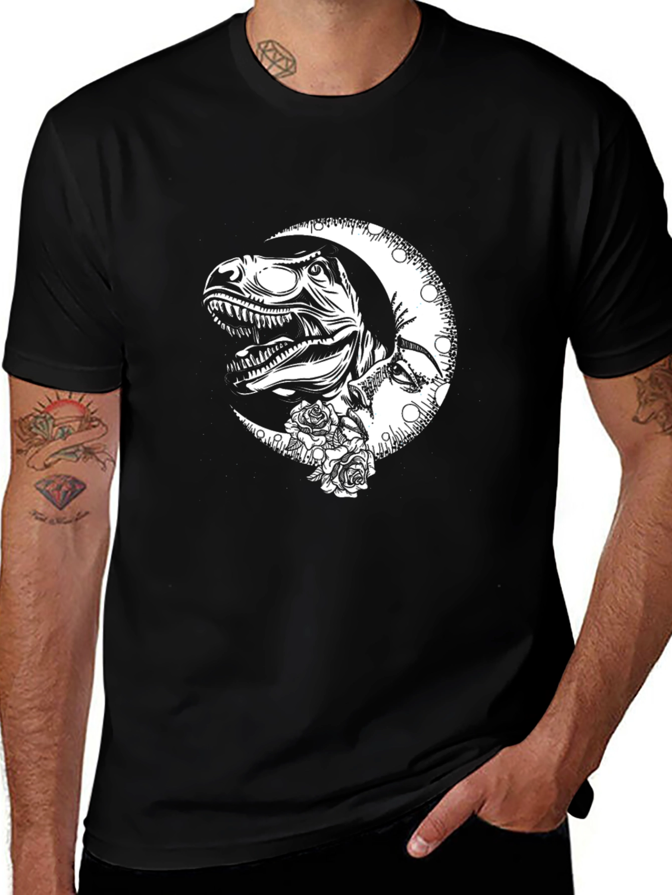 Dino Moon Graphic Tee - Black Cotton T-Shirt