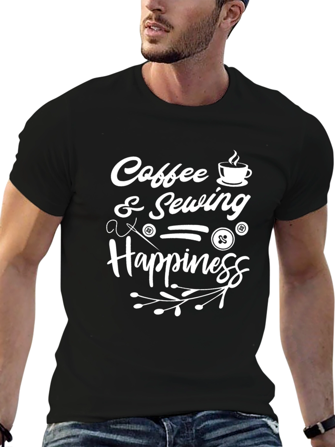 Coffee & Sewing = Happiness Black T-Shirt