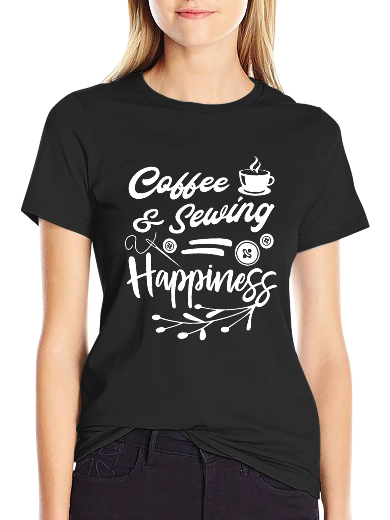 Coffee & Sewing = Happiness Black T-Shirt
