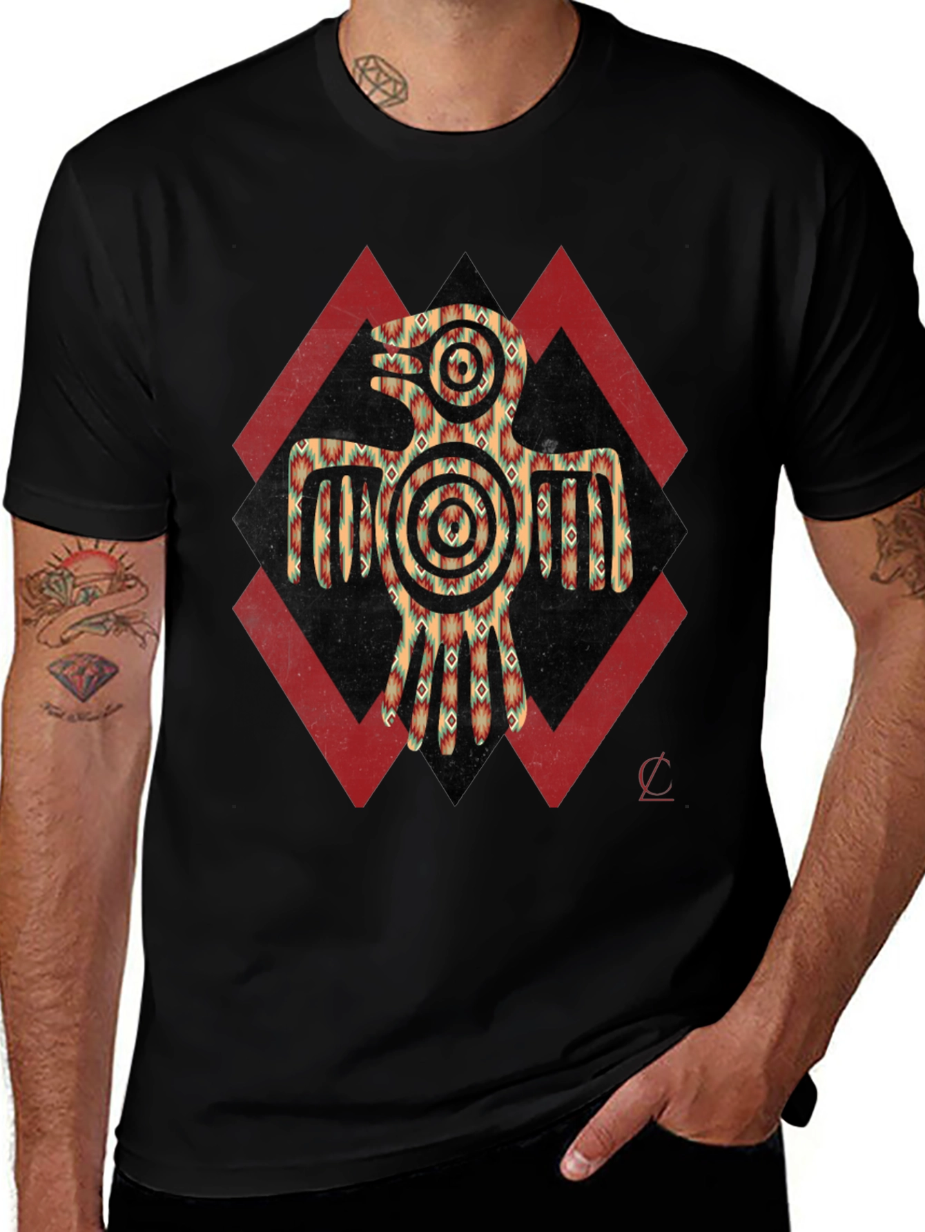 Aztec Eagle Graphic Tee - Black Crew Neck Shirt