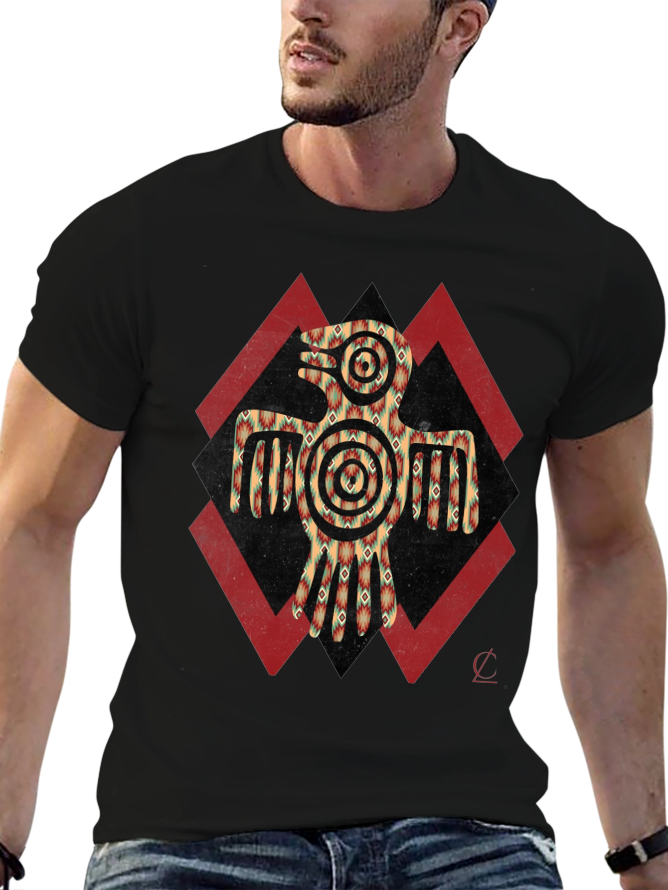 Aztec Eagle Graphic Tee - Black Crew Neck Shirt
