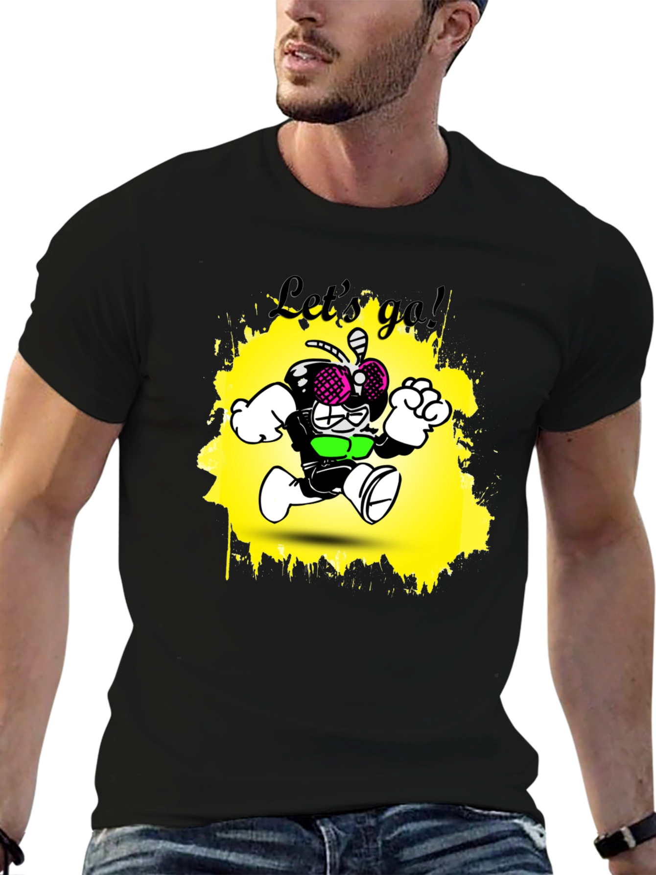 Cartoon Fly Graphic T-Shirt - Black Cotton Tee