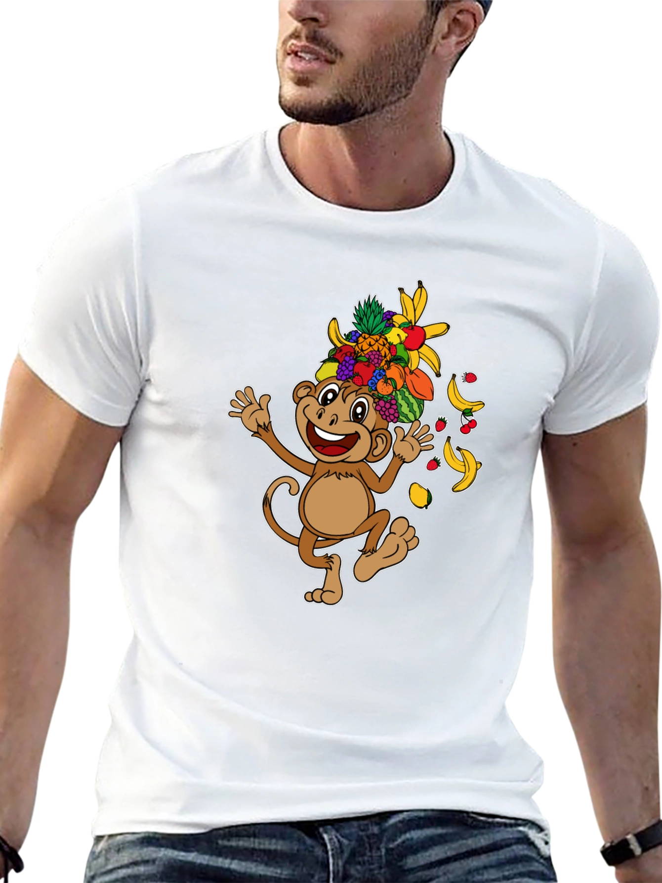 Fun Monkey Fruit Head T-Shirt - Black Cotton Tee