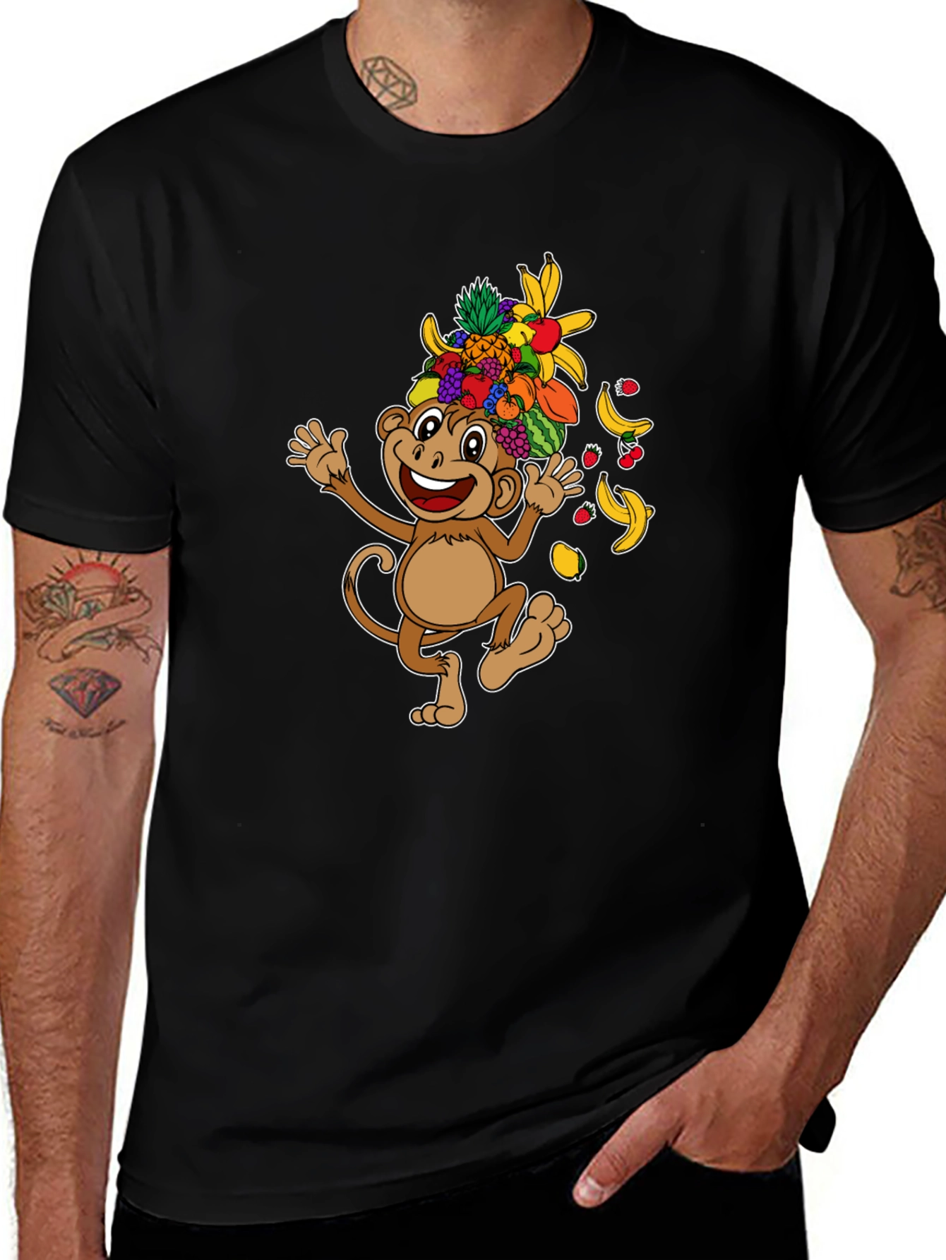 Fun Monkey Fruit Head T-Shirt - Black Cotton Tee
