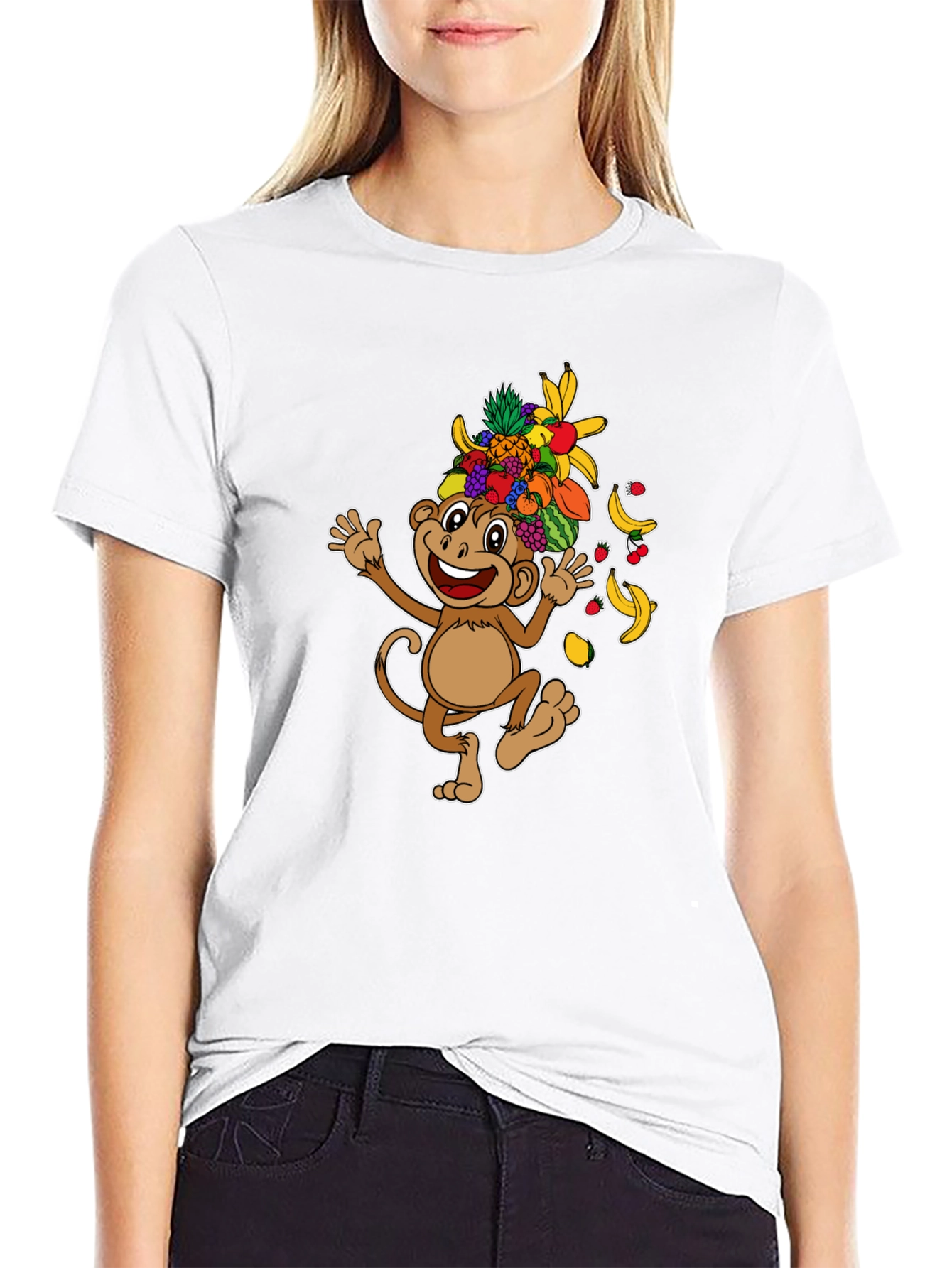 Fun Monkey Fruit Head T-Shirt - Black Cotton Tee
