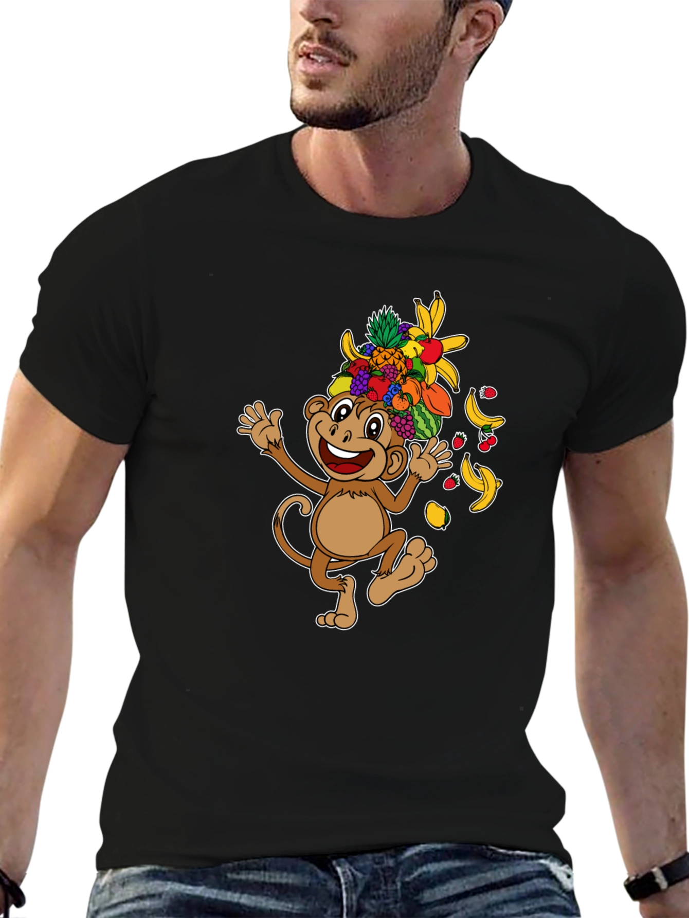 Fun Monkey Fruit Head T-Shirt - Black Cotton Tee