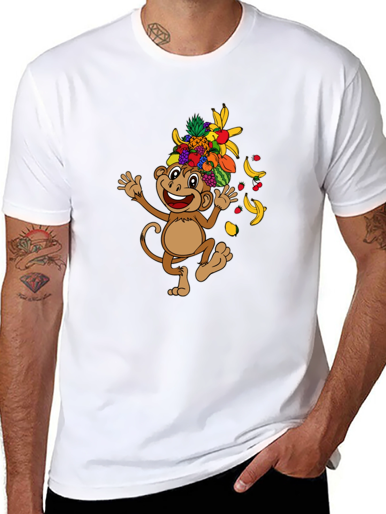 Fun Monkey Fruit Head T-Shirt - Black Cotton Tee