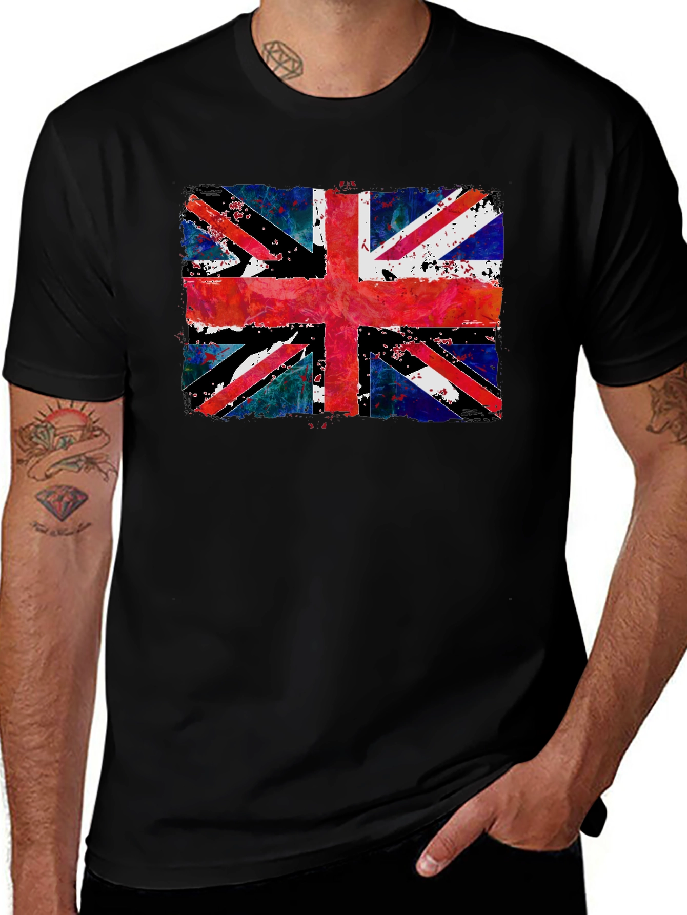 Union Jack Grunge Graphic Print Black T-Shirt