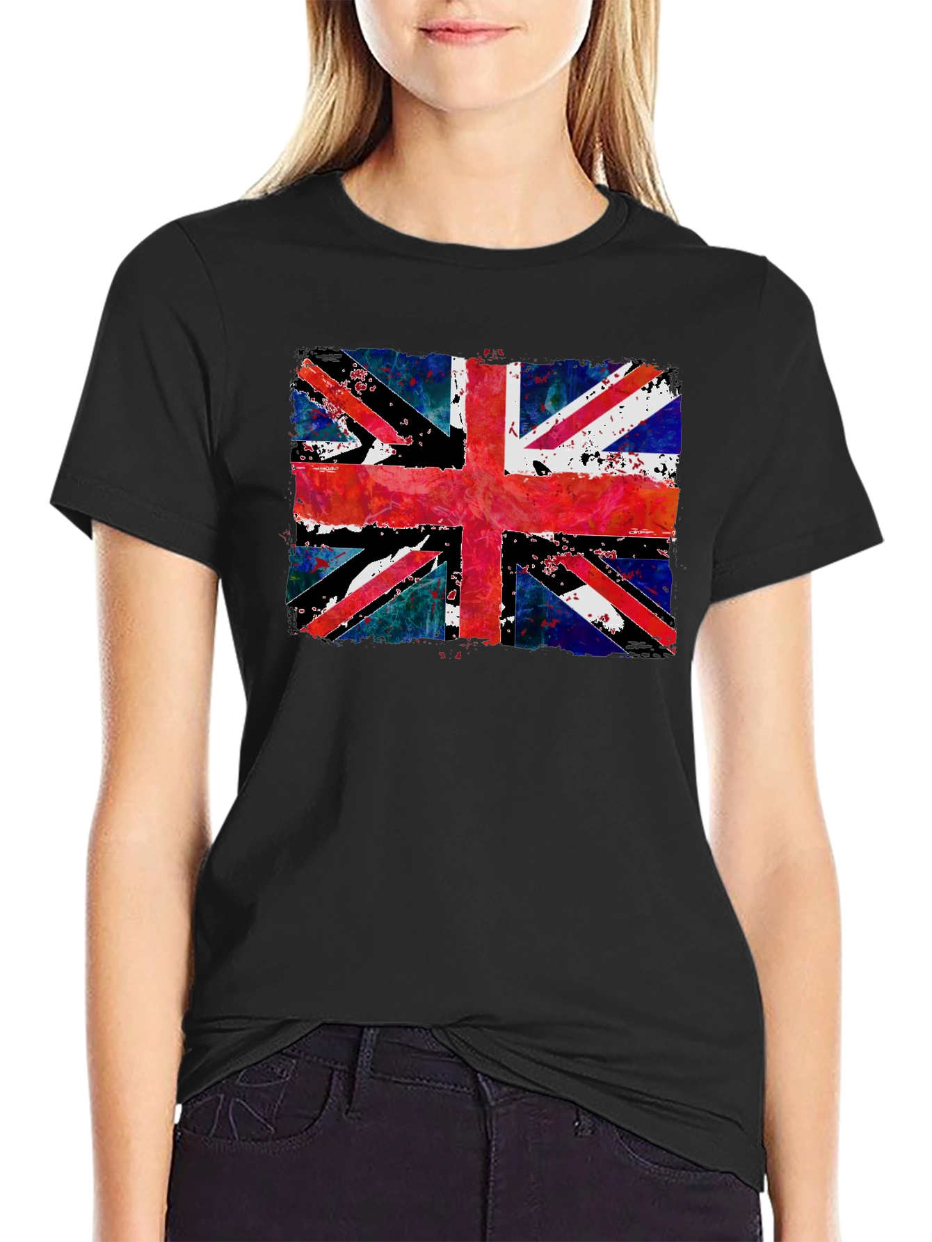 Union Jack Grunge Graphic Print Black T-Shirt