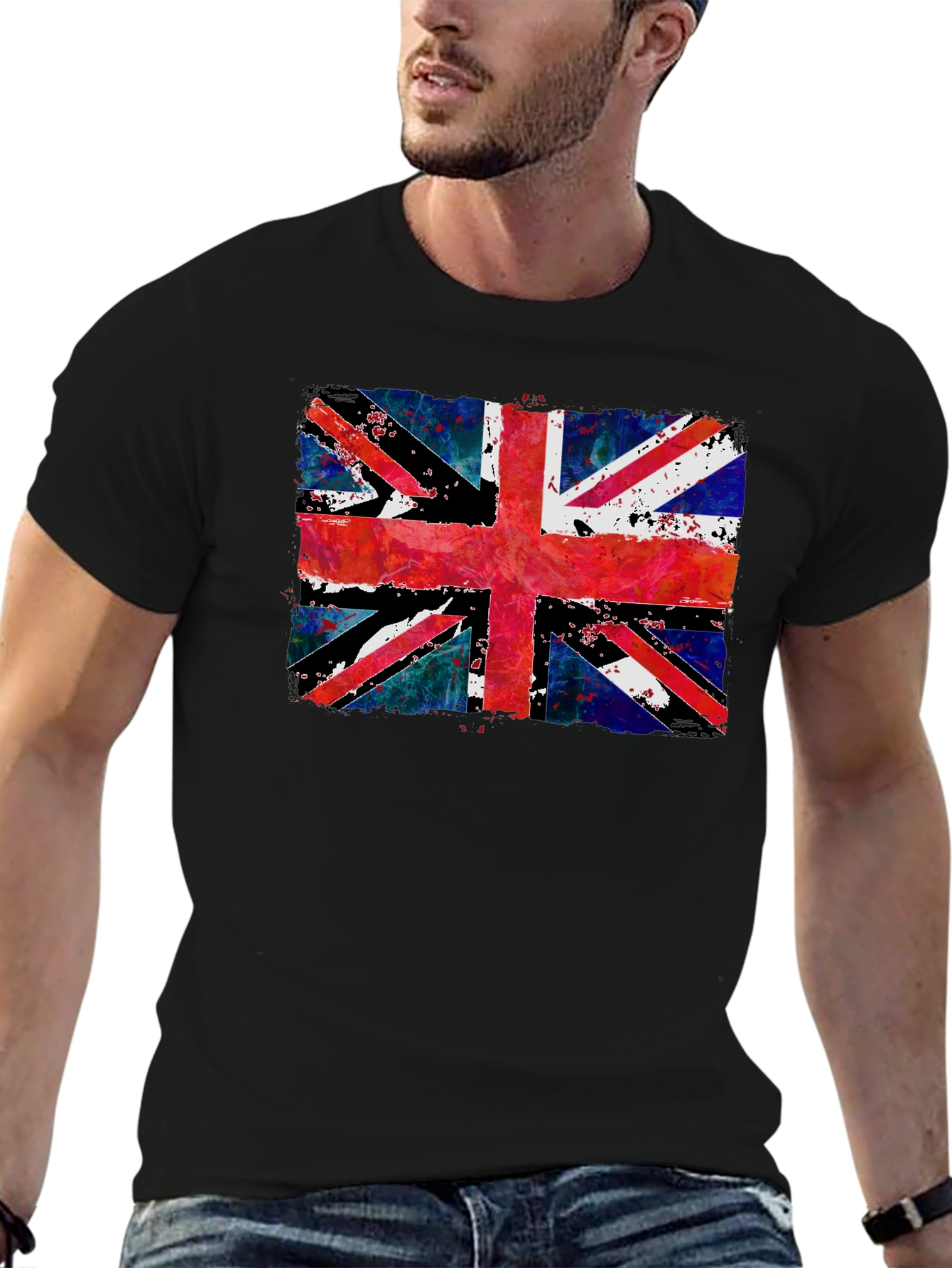 Union Jack Grunge Graphic Print Black T-Shirt