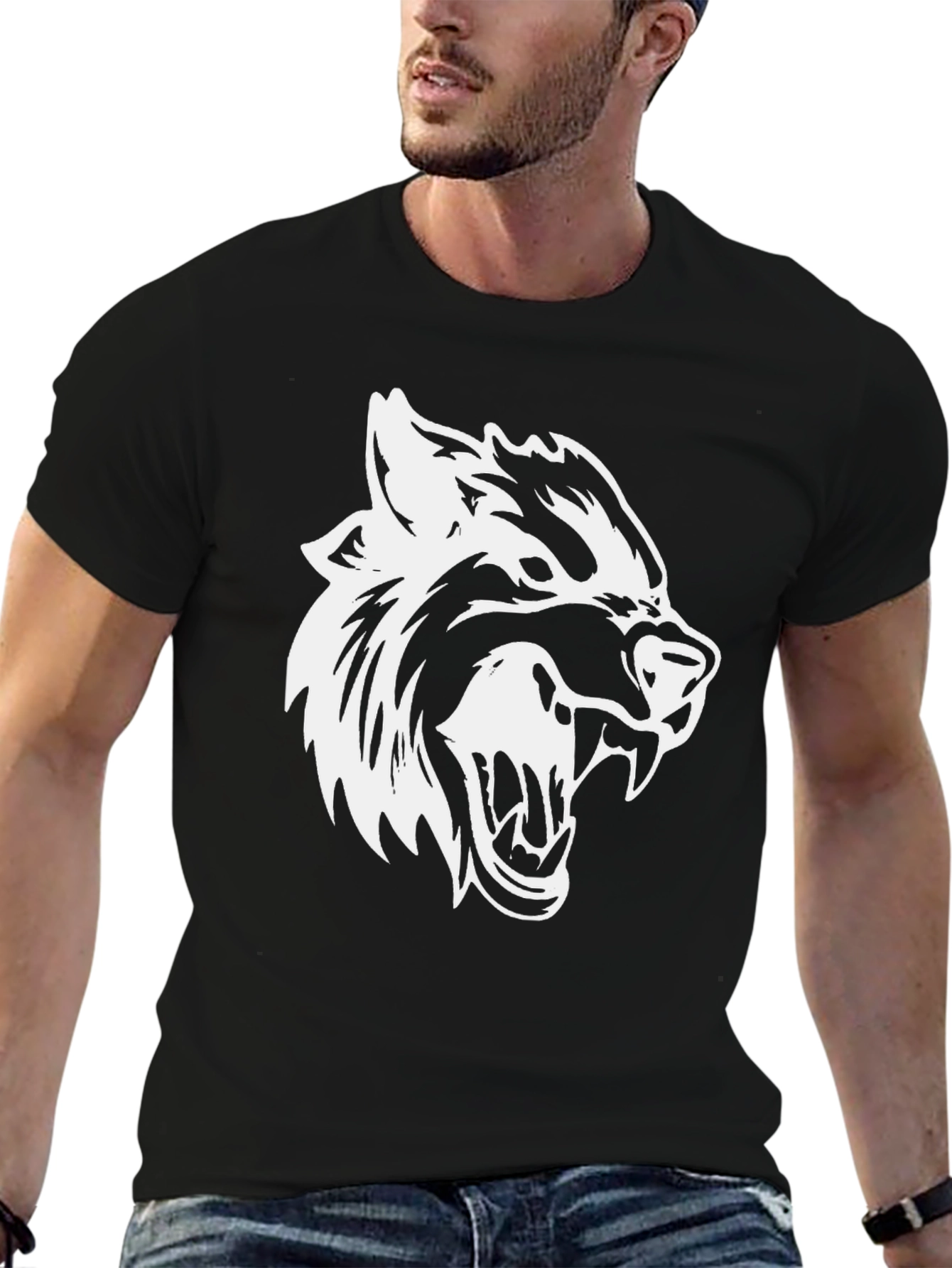 Mens Black T-Shirt with White Wolf Graphic