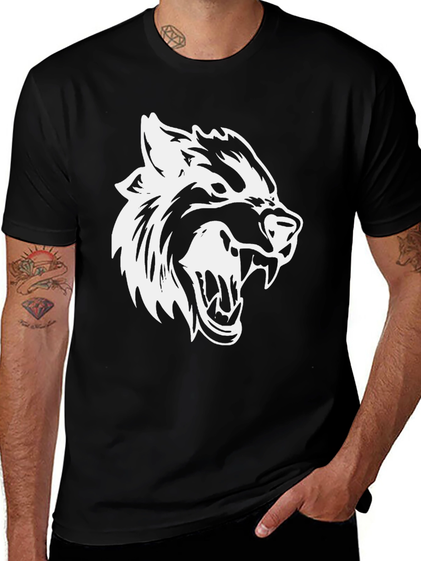 Mens Black T-Shirt with White Wolf Graphic