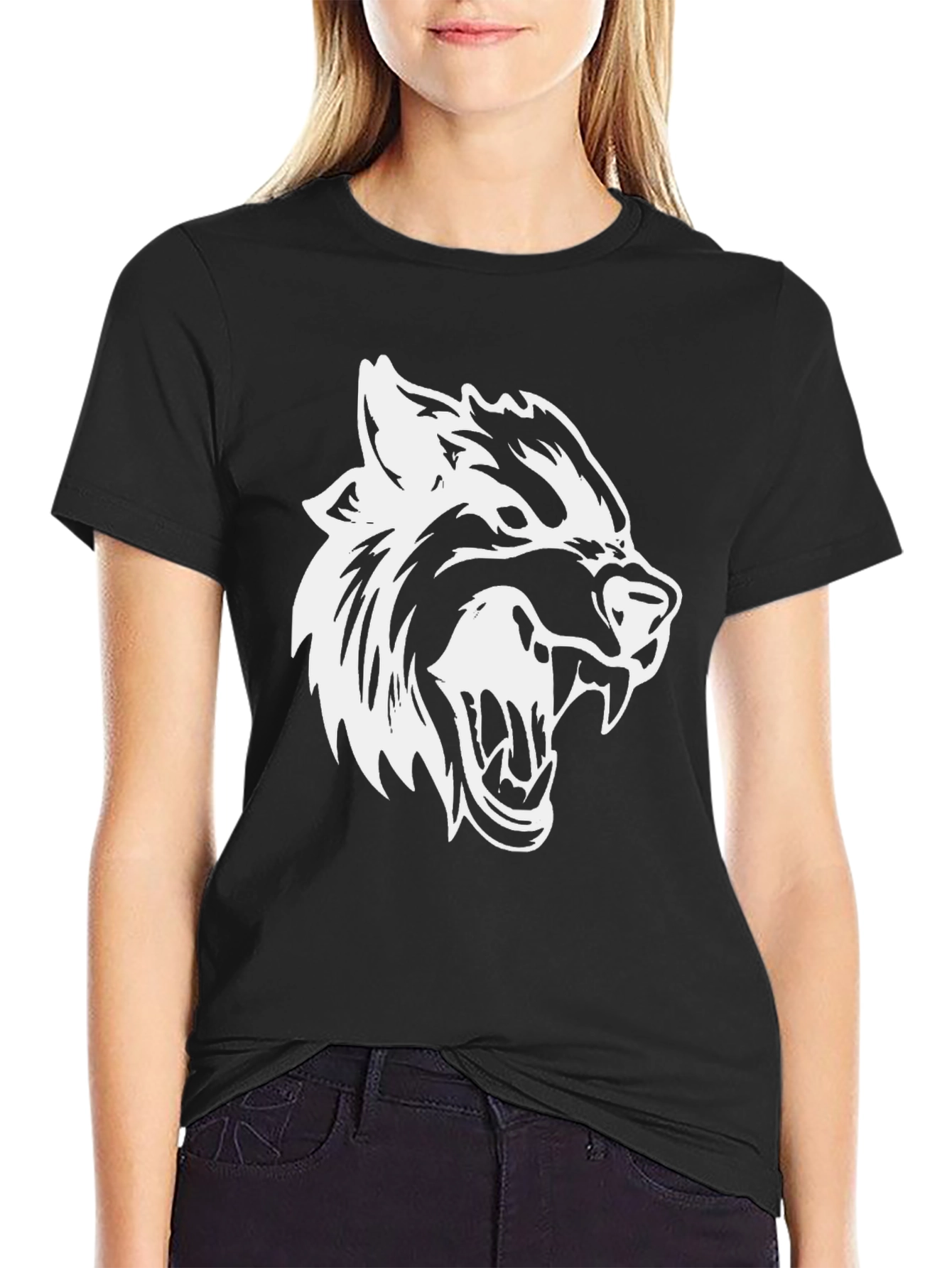 Mens Black T-Shirt with White Wolf Graphic