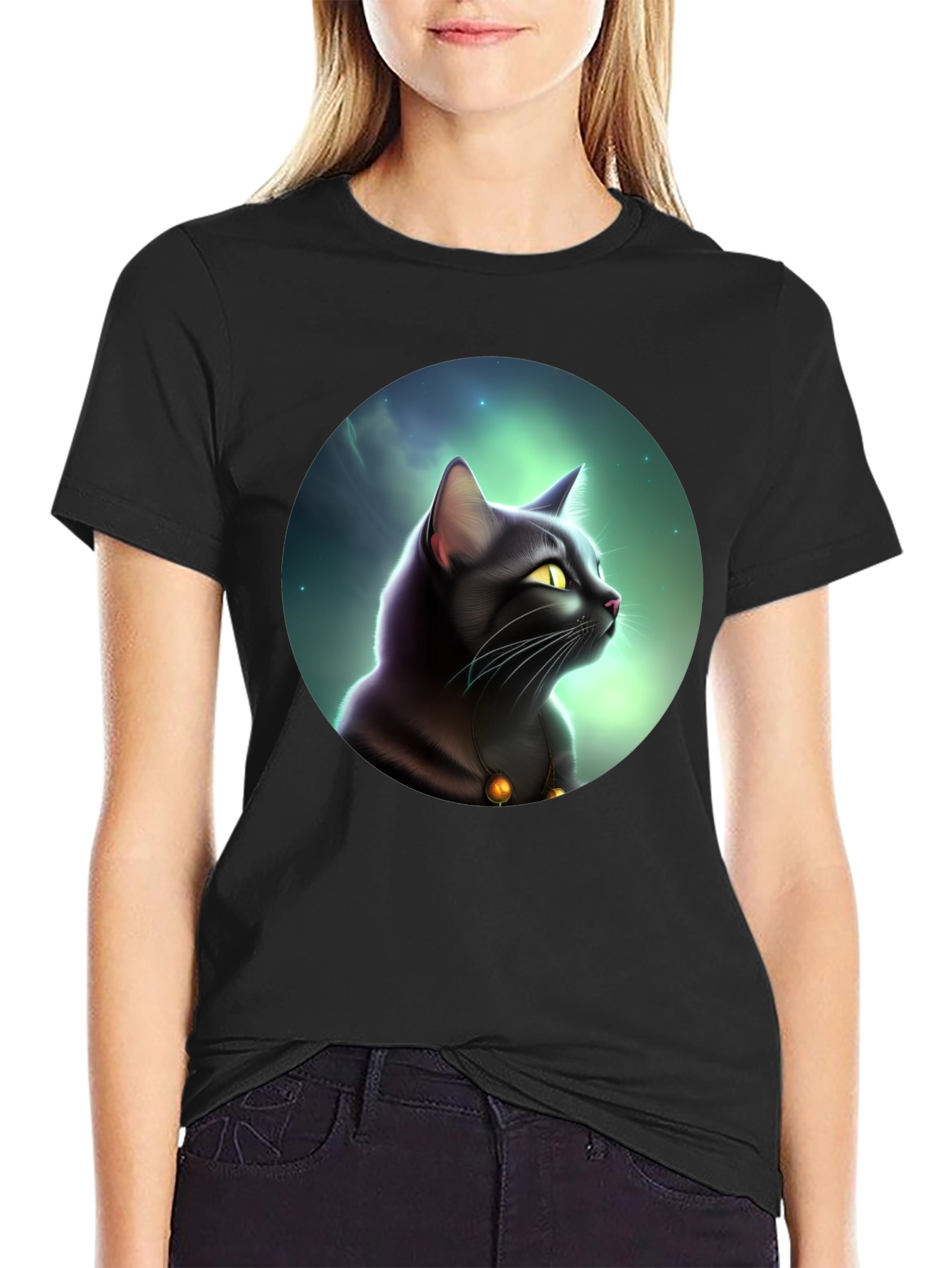Mystic Cat Graphic Tee - Black Cotton Comfort