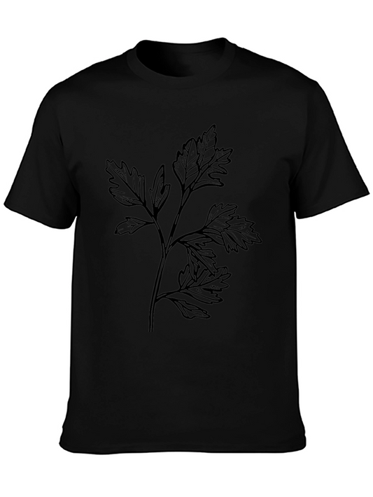 Black T-Shirt with Botanical Leaf Design