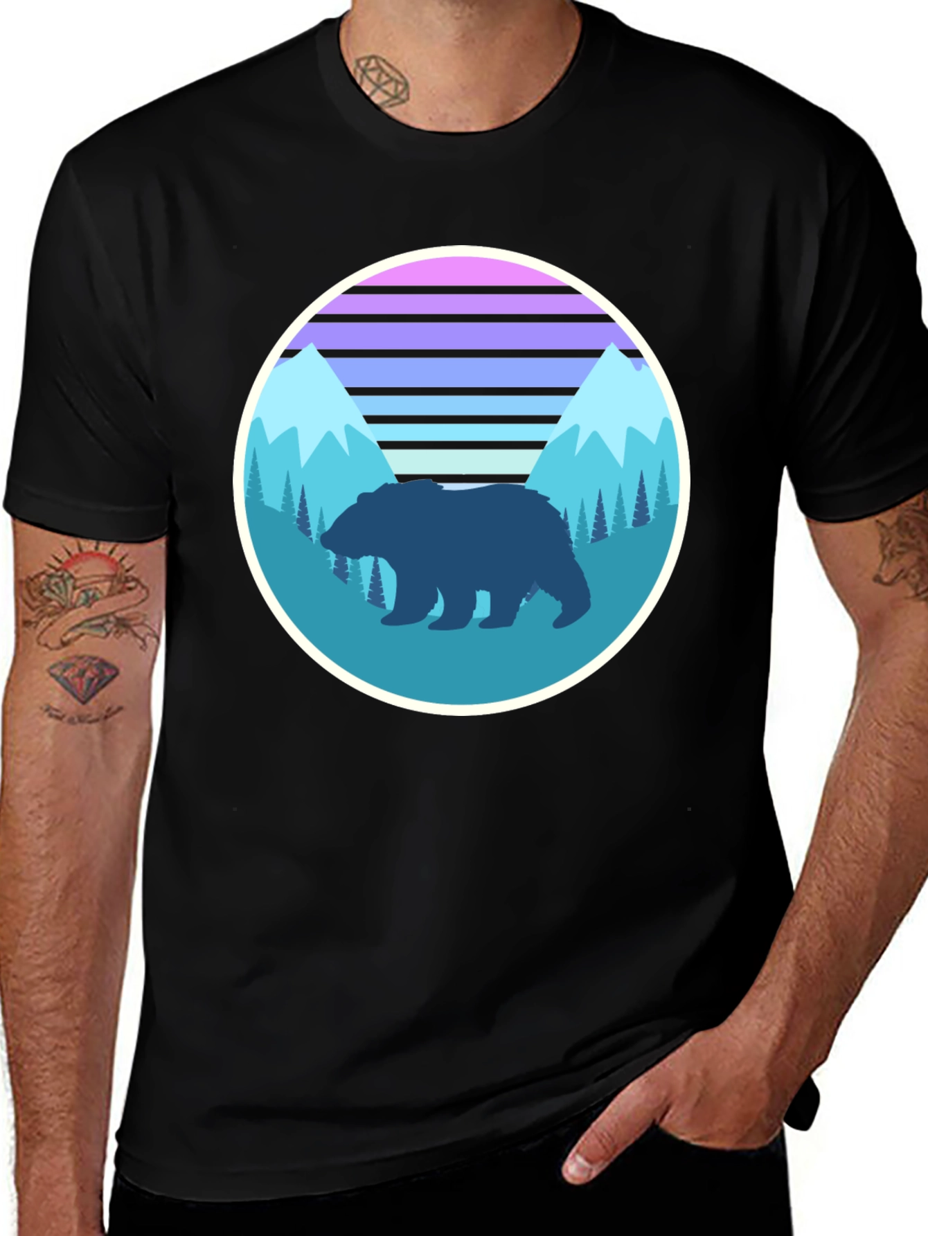 Retro Bear Mountain Graphic Tee - Black Cotton T-Shirt
