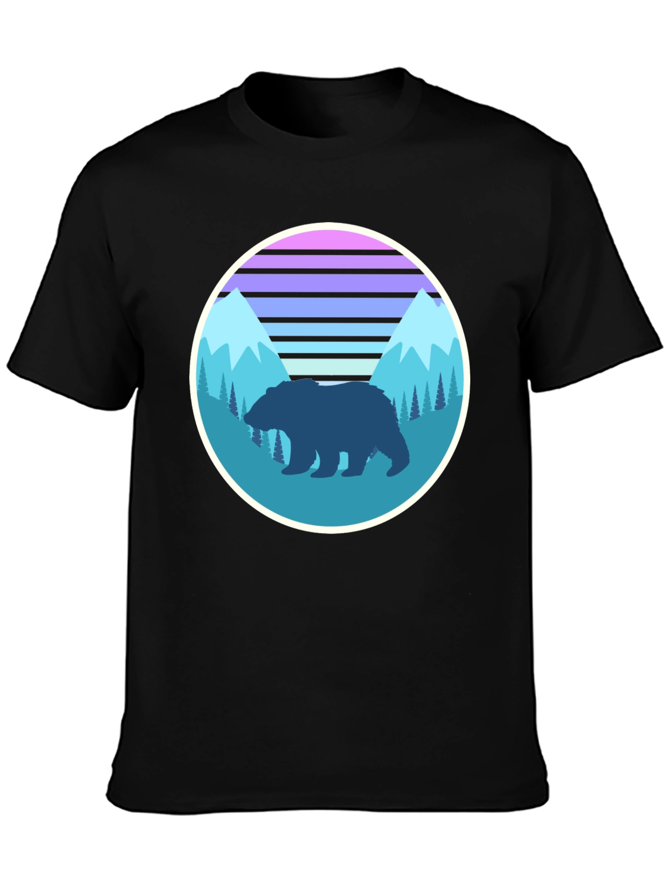 Retro Bear Mountain Graphic Tee - Black Cotton T-Shirt