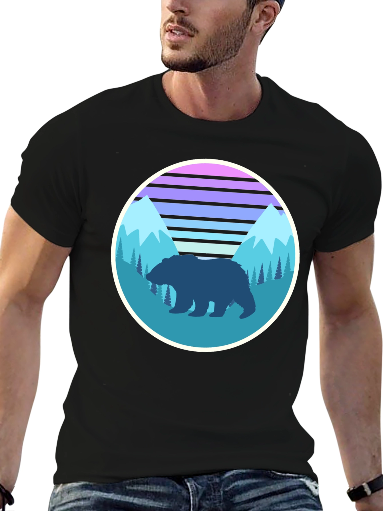 Retro Bear Mountain Graphic Tee - Black Cotton T-Shirt