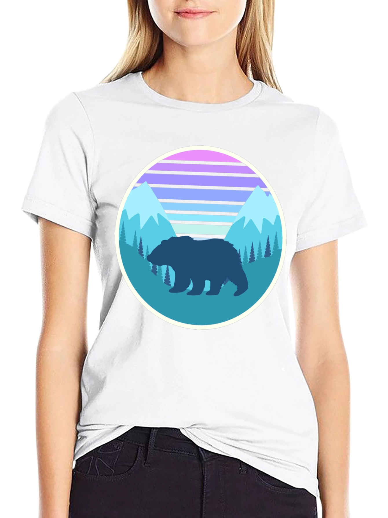 Retro Bear Mountain Graphic Tee - Black Cotton T-Shirt