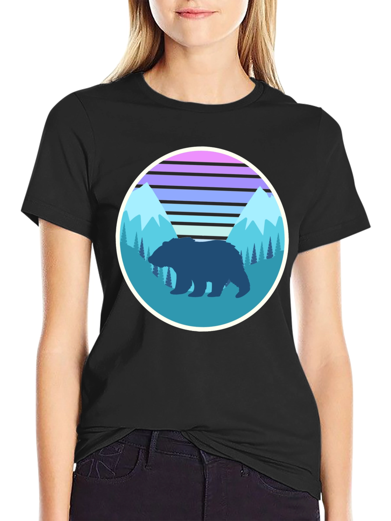 Retro Bear Mountain Graphic Tee - Black Cotton T-Shirt