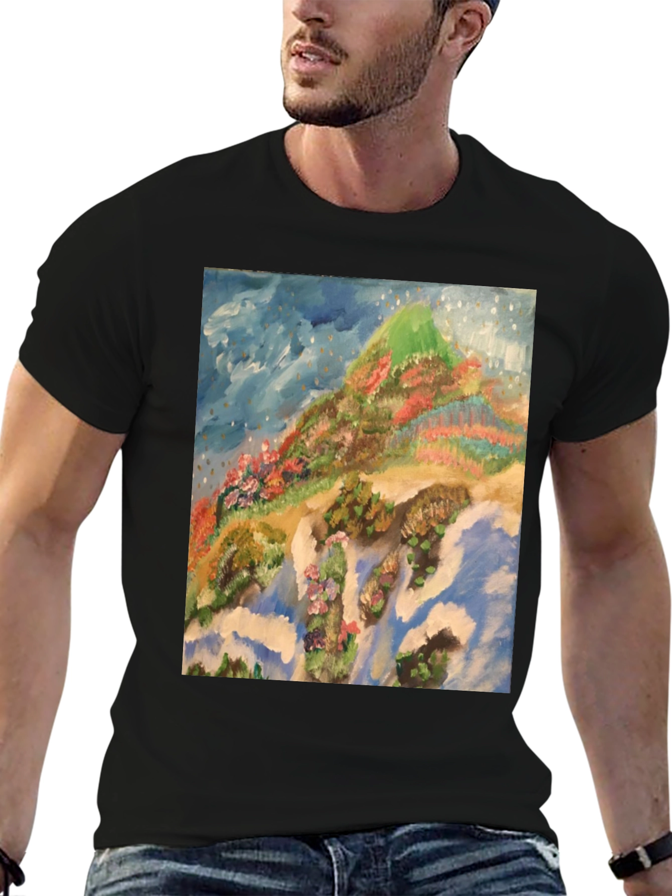 Artistic Mountain Print Black T-Shirt
