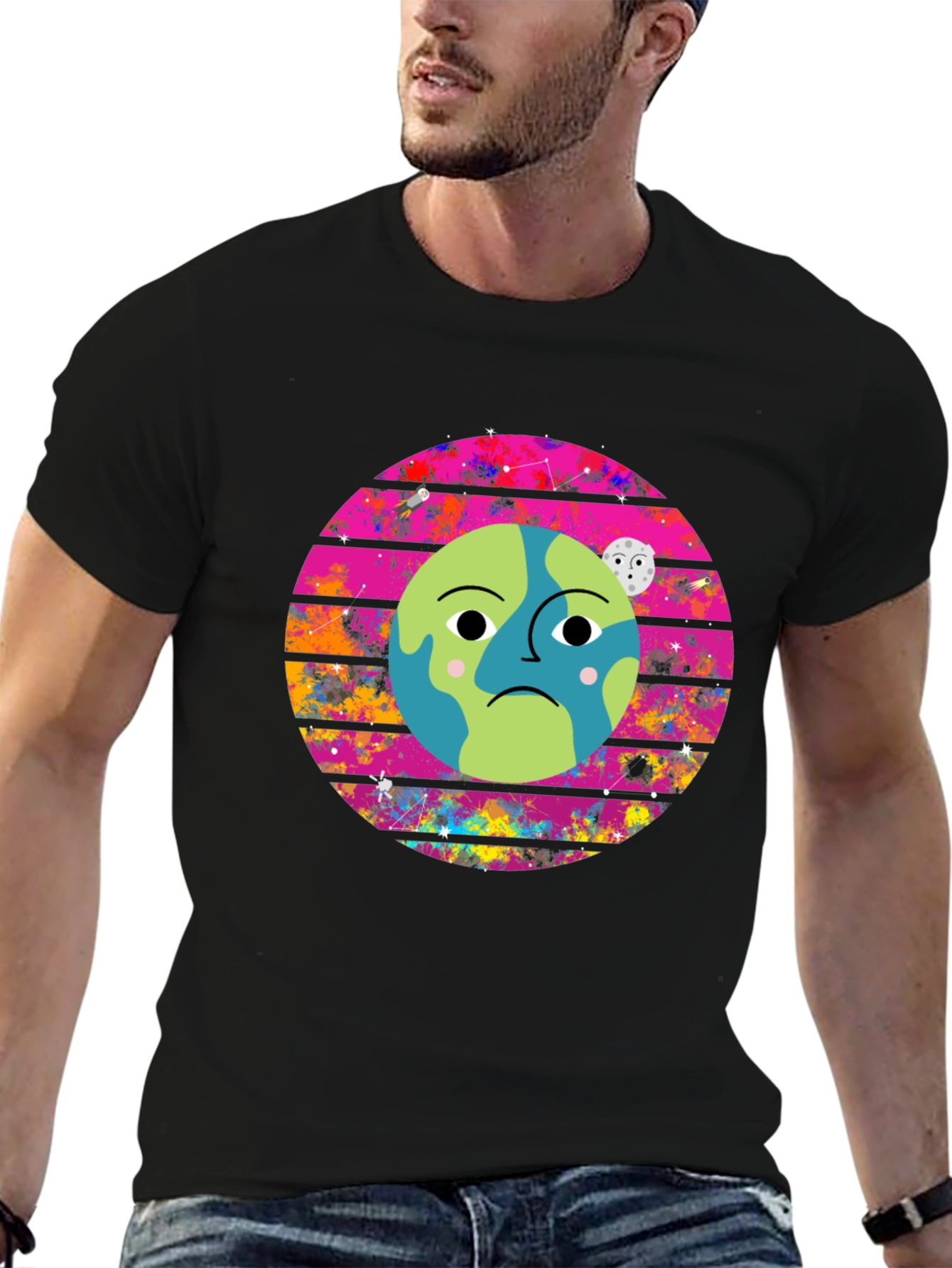 Sad Earth Graphic Tee - Black Crew Neck