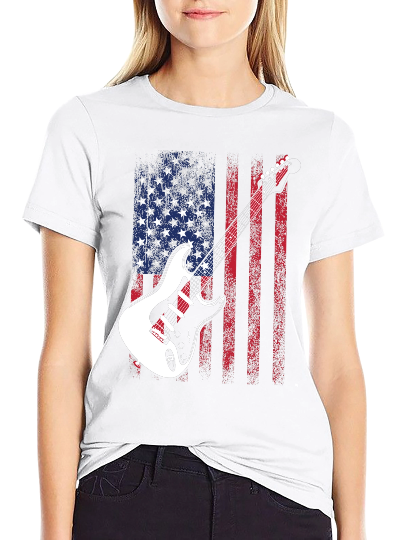 USA Flag Guitar Graphic Tee - Patriotic Rocker Style