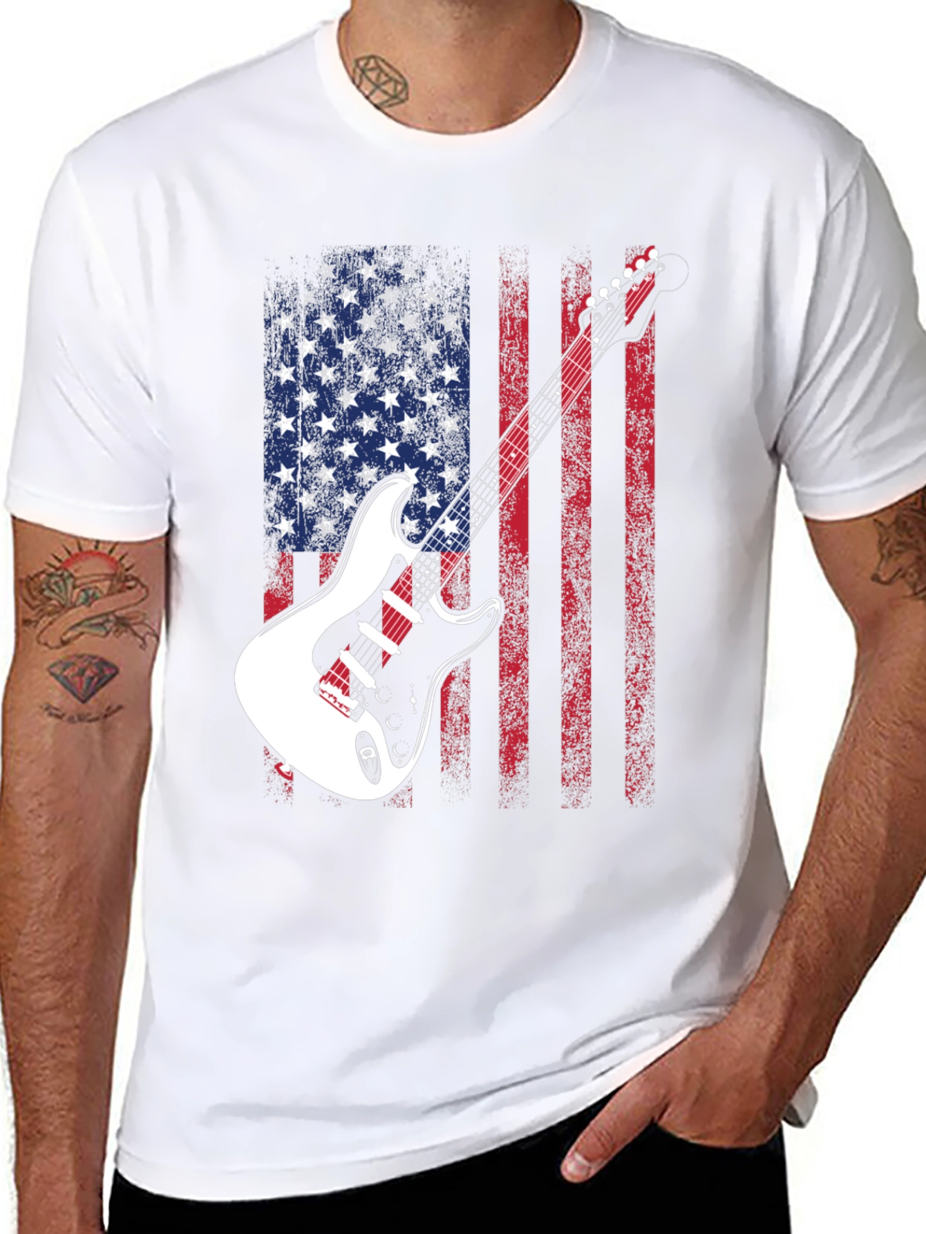 USA Flag Guitar Graphic Tee - Patriotic Rocker Style