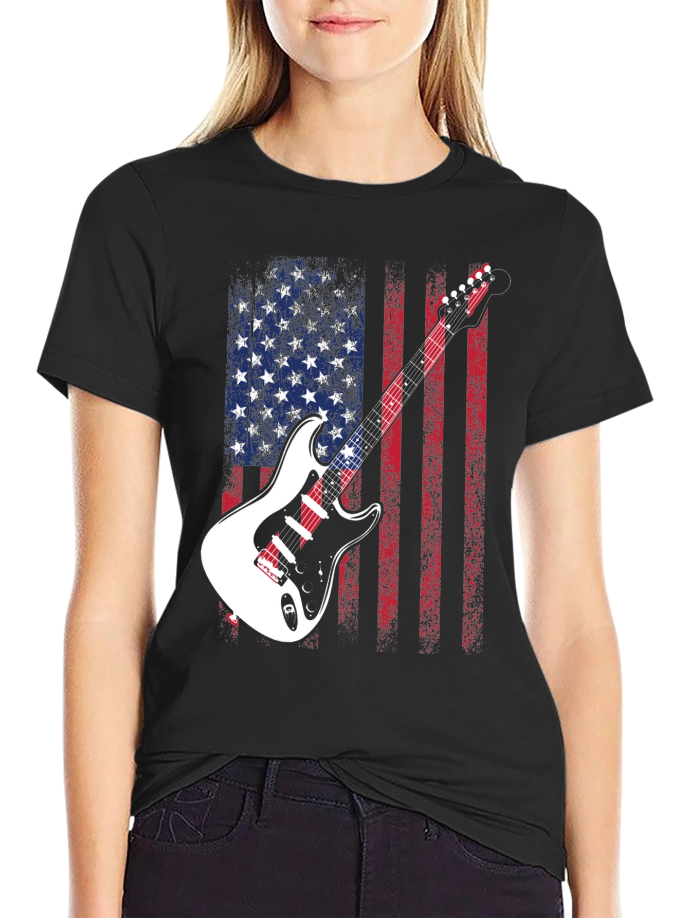 USA Flag Guitar Graphic Tee - Patriotic Rocker Style