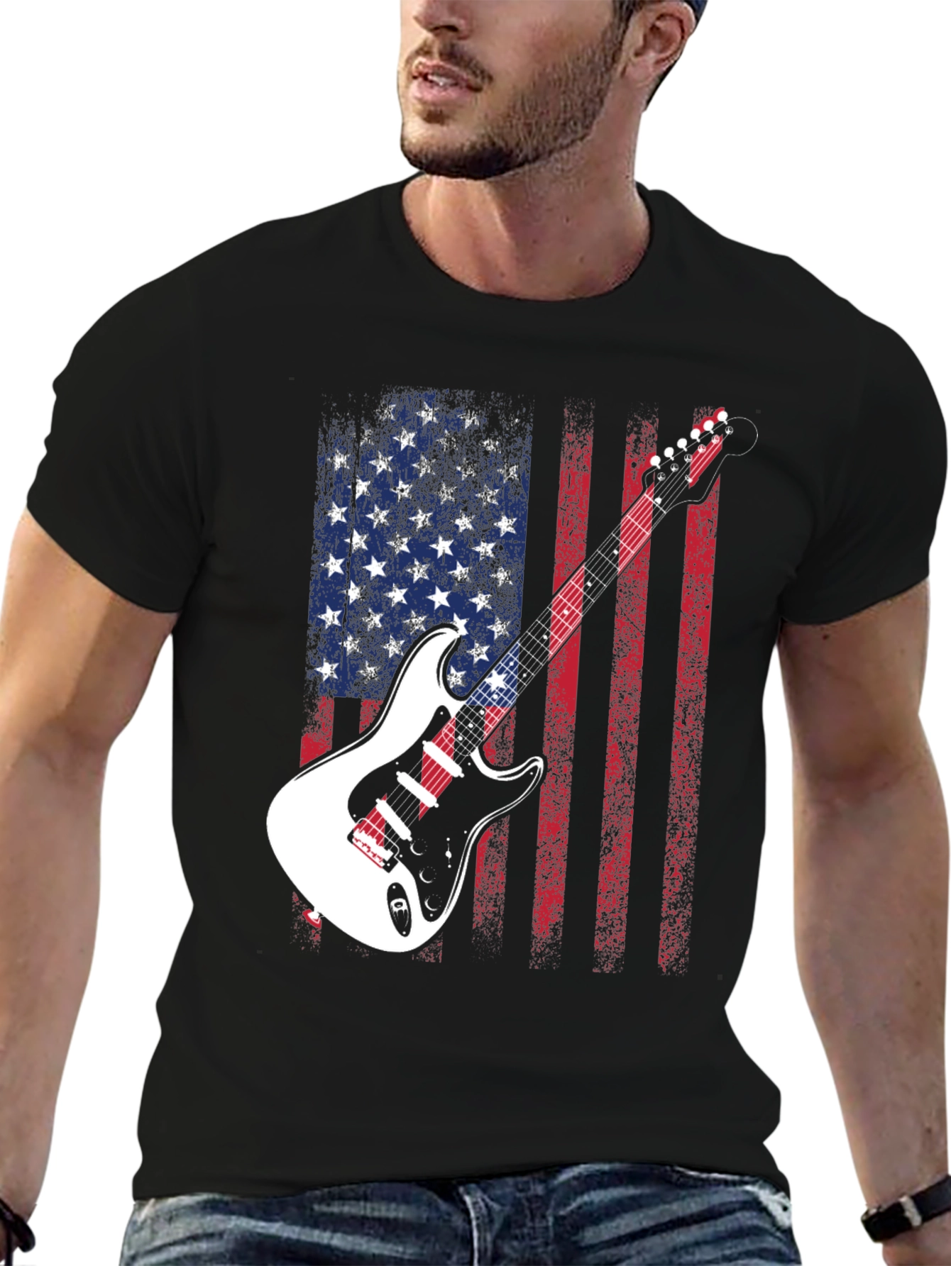 USA Flag Guitar Graphic Tee - Patriotic Rocker Style