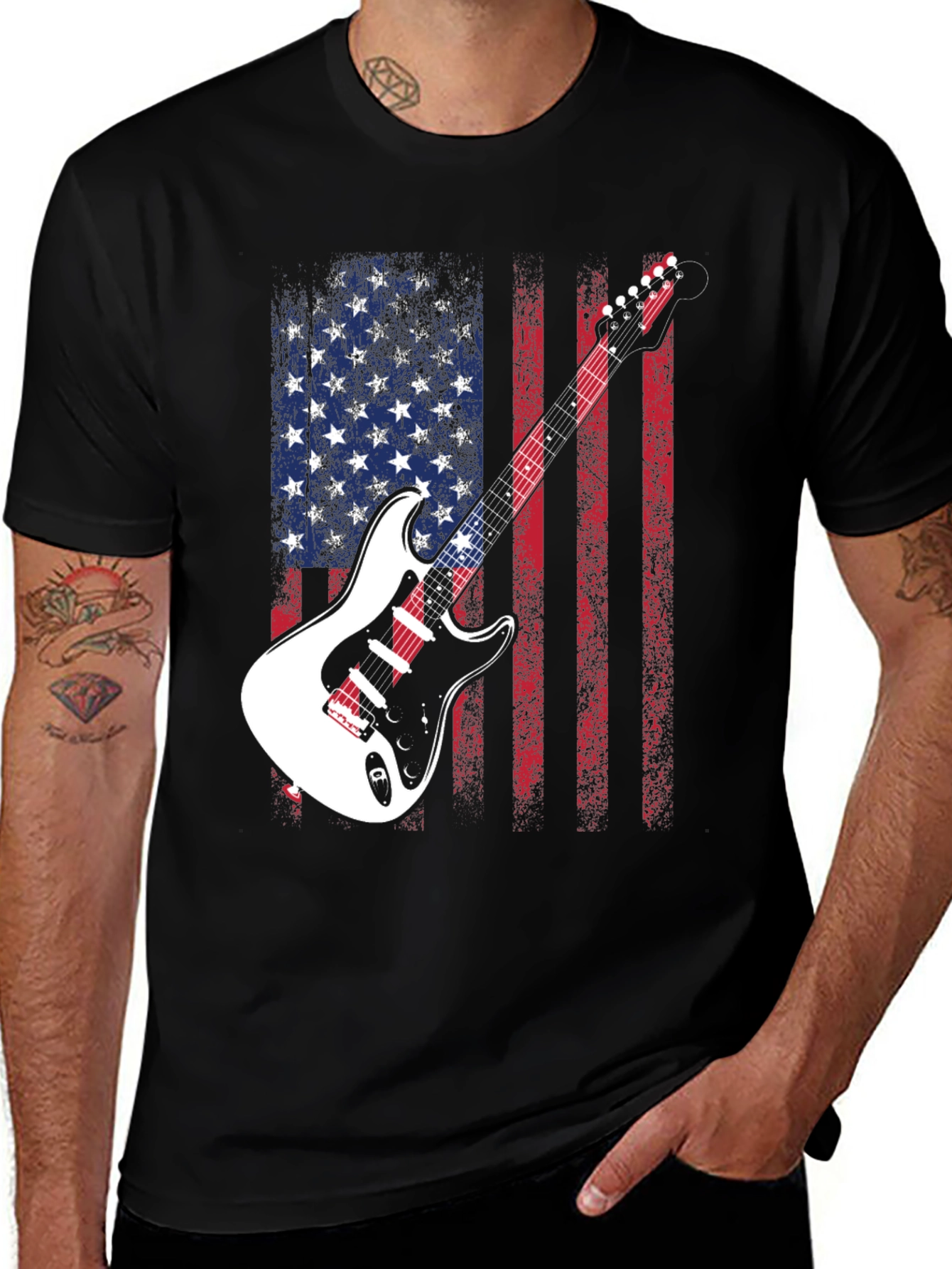 USA Flag Guitar Graphic Tee - Patriotic Rocker Style