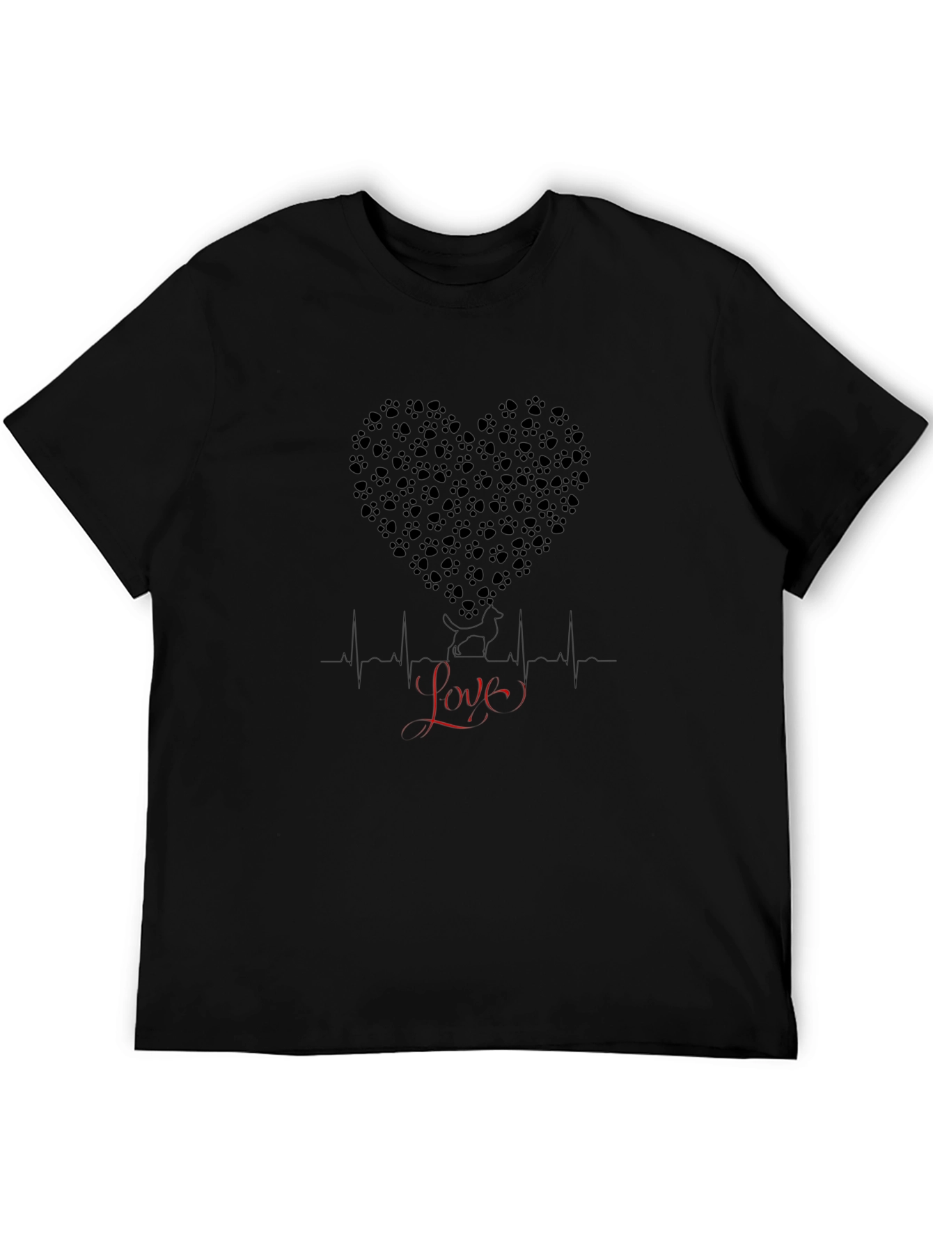 Paw Print Heartbeat Love Mens Black T-Shirt