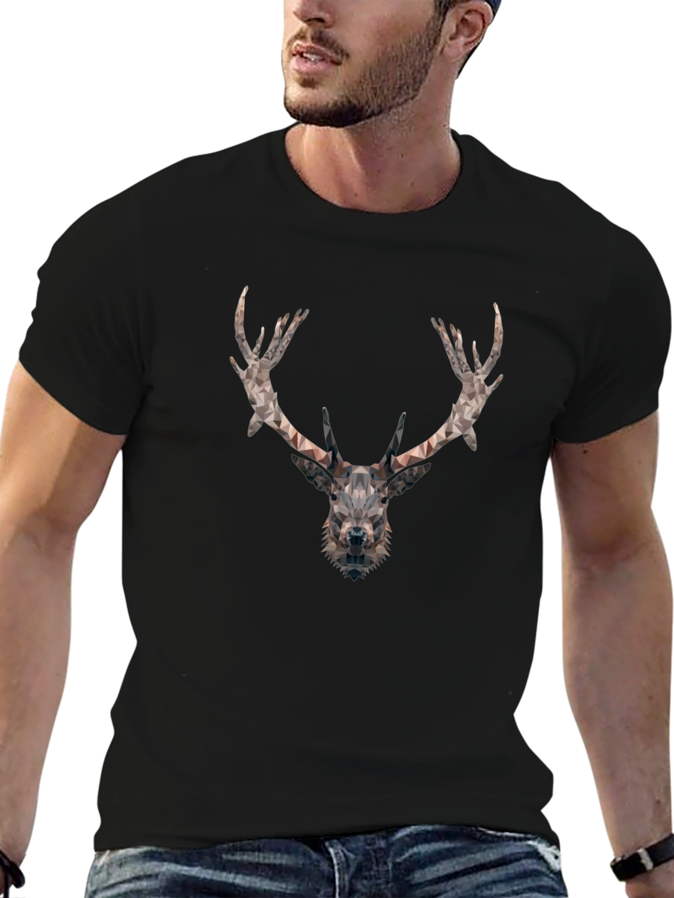 Geometric Deer Head Graphic Tee - Black