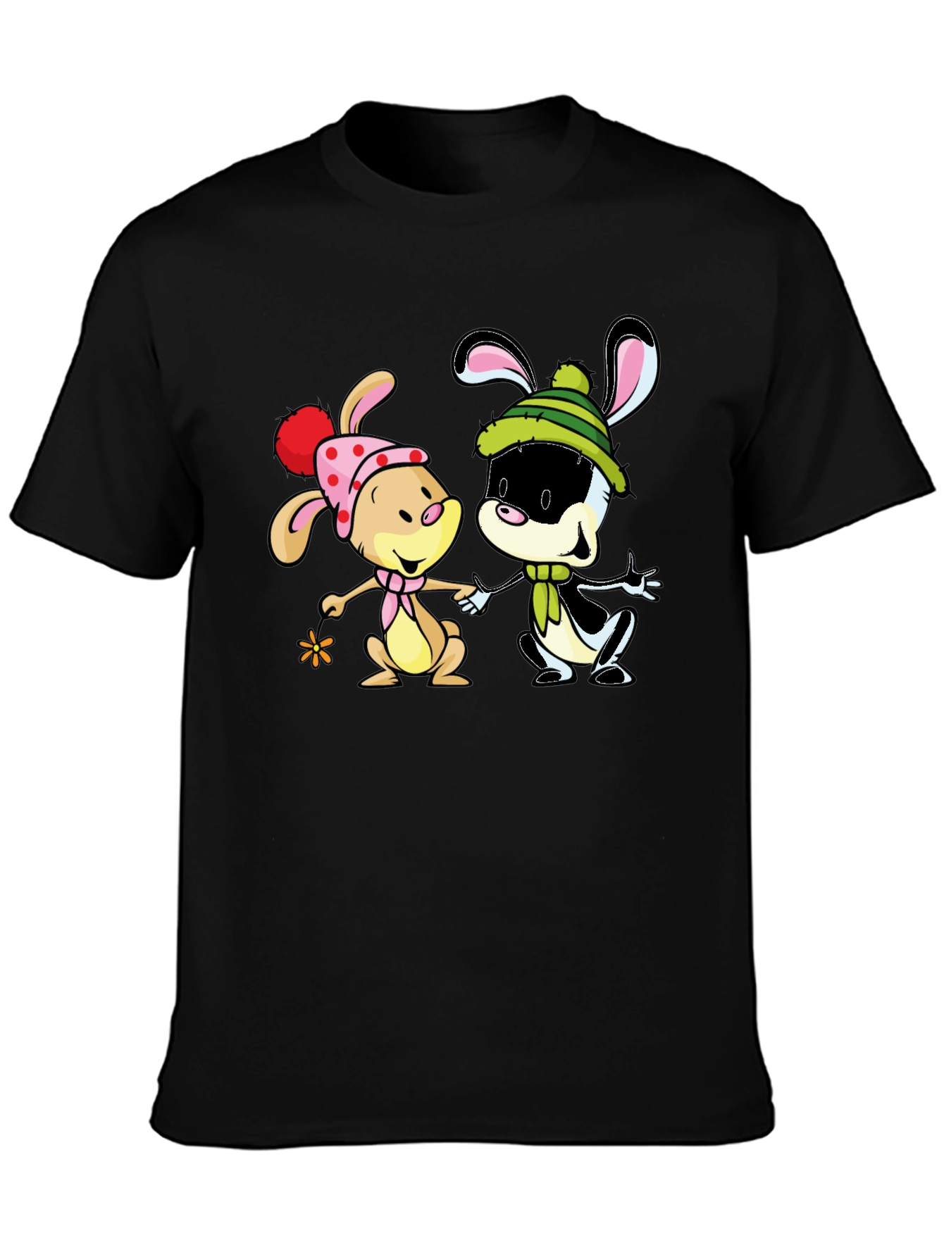 Cartoon Bunny Graphic Print Black T-Shirt