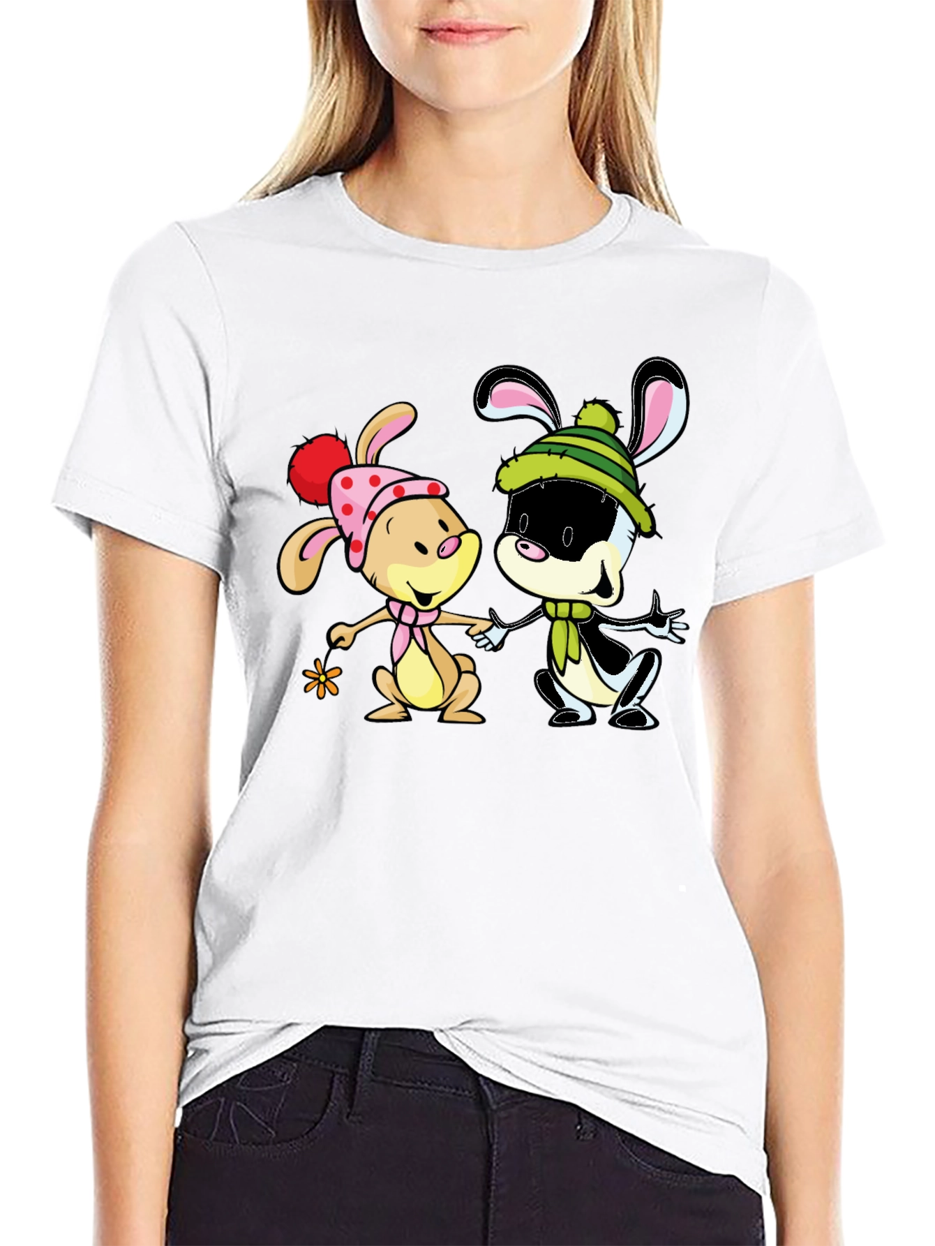 Cartoon Bunny Graphic Print Black T-Shirt