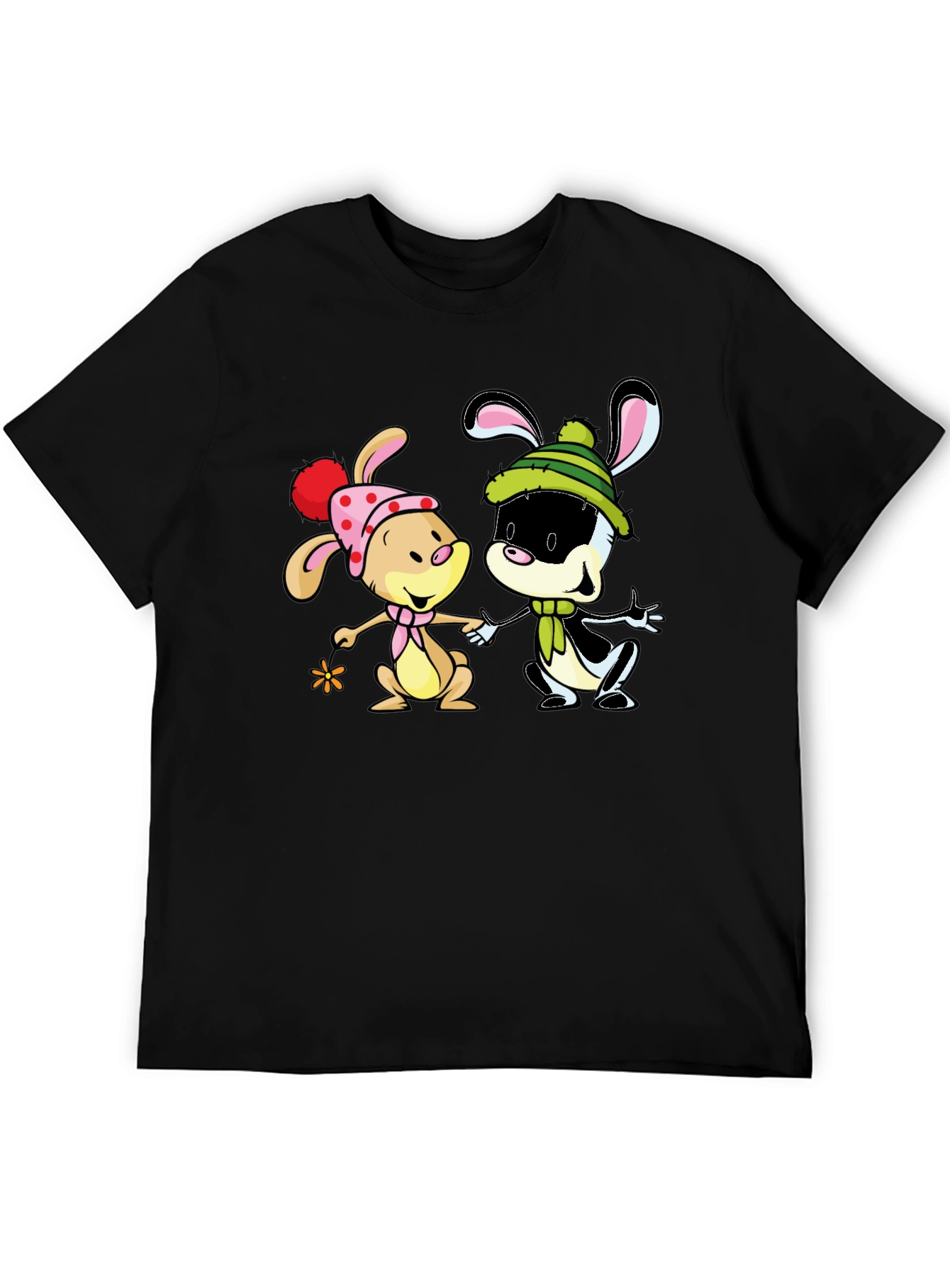 Cartoon Bunny Graphic Print Black T-Shirt