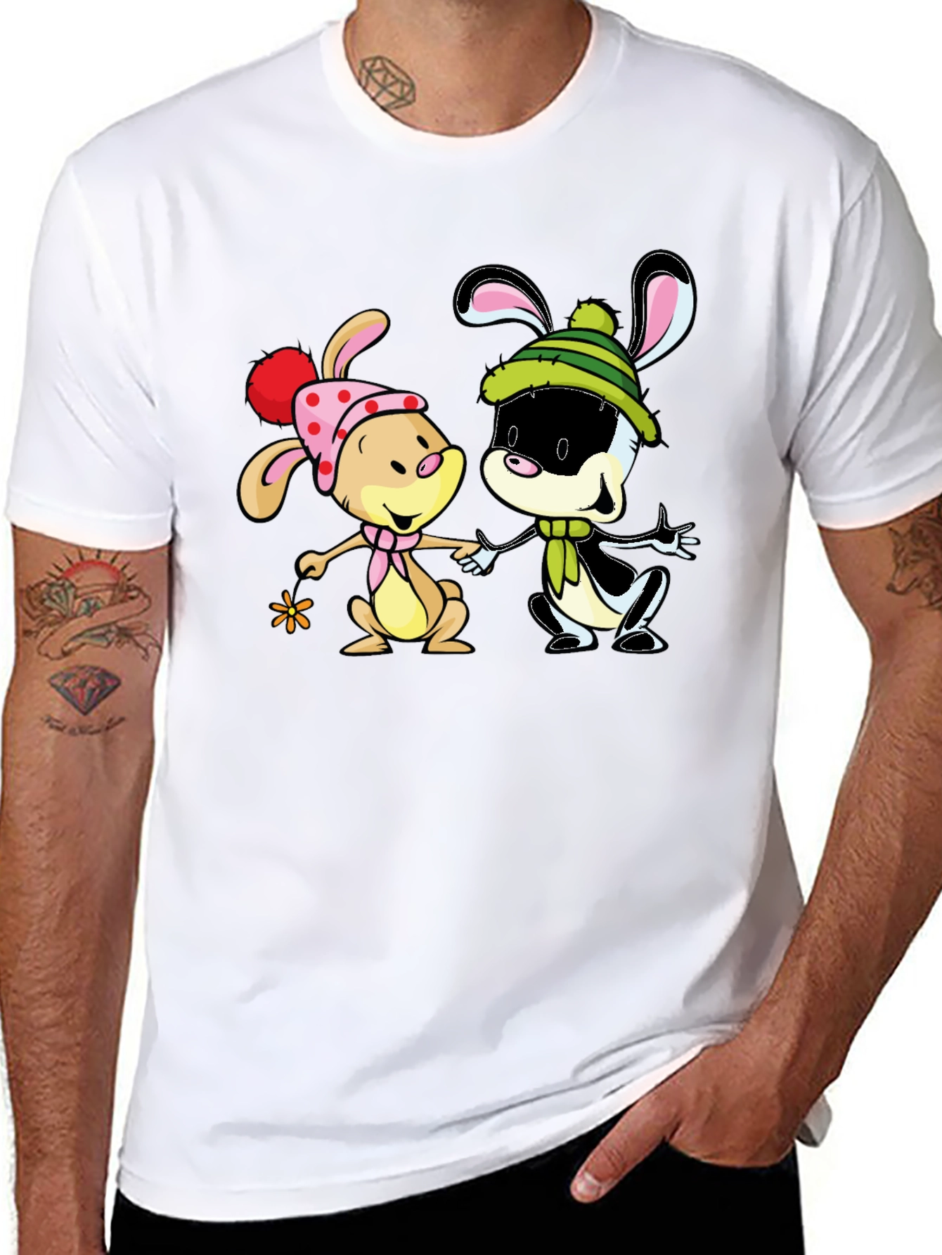 Cartoon Bunny Graphic Print Black T-Shirt