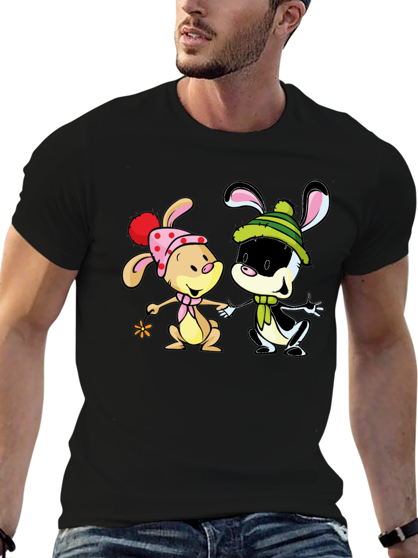 Cartoon Bunny Graphic Print Black T-Shirt