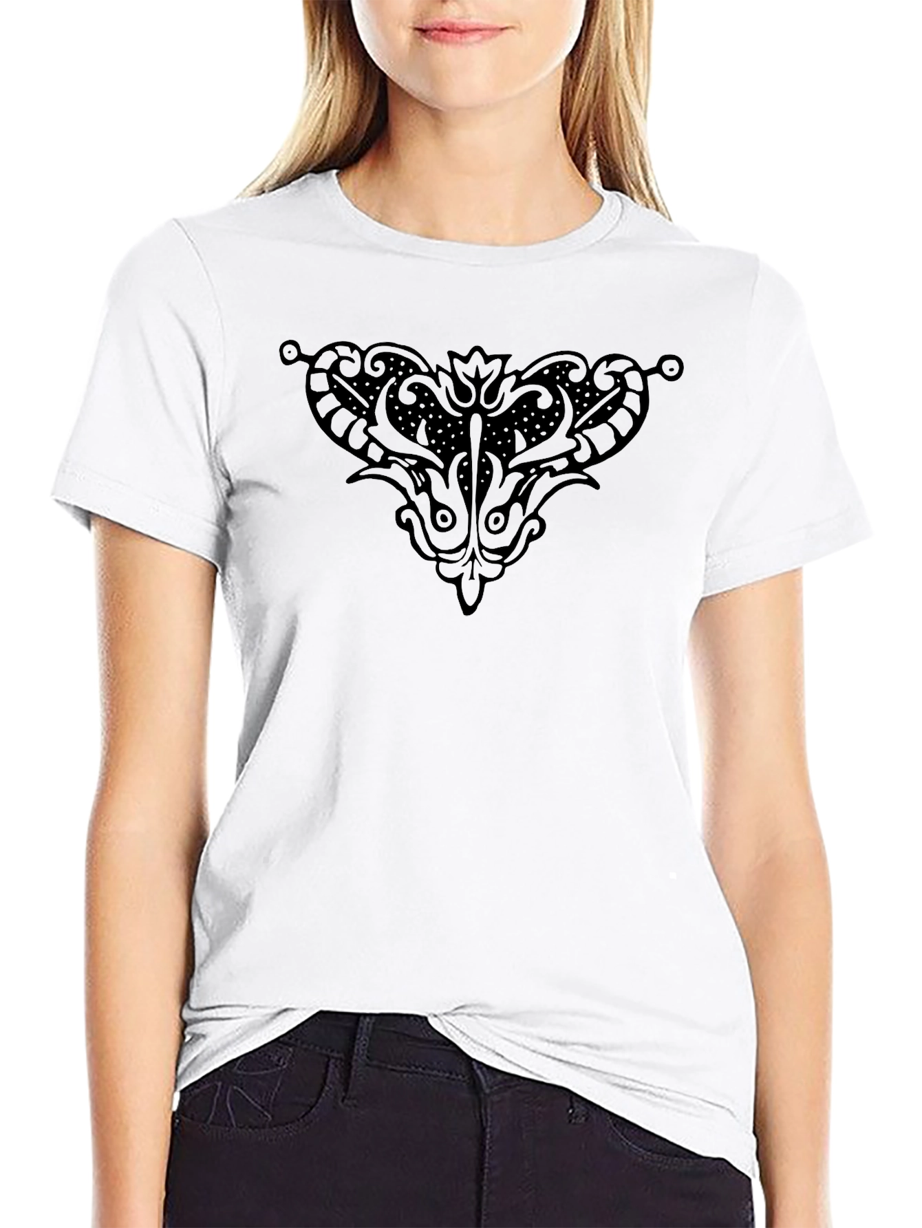Elegant Black T-Shirt with Ornamental Graphic Design