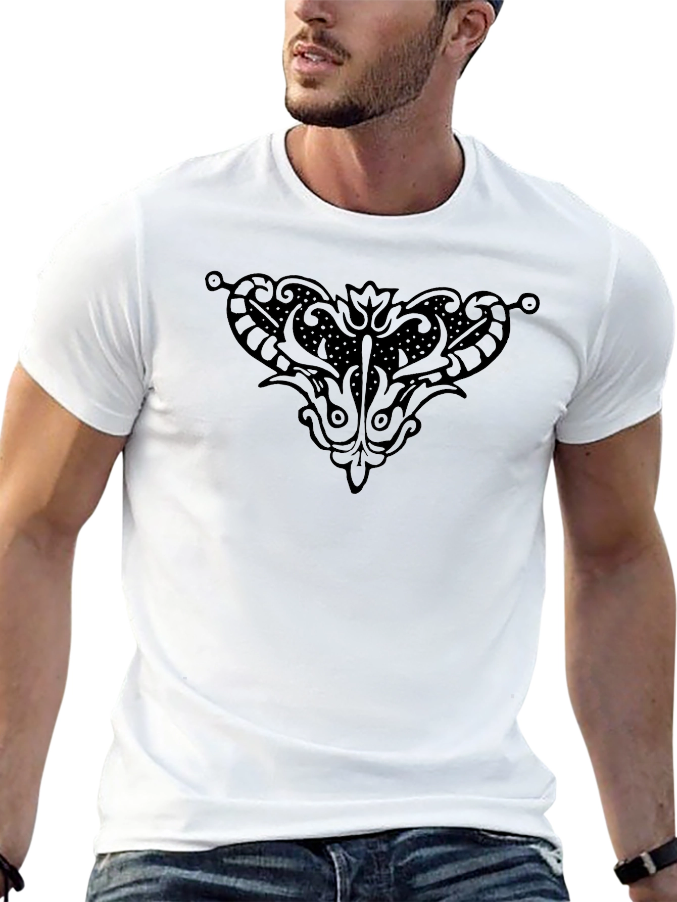 Elegant Black T-Shirt with Ornamental Graphic Design