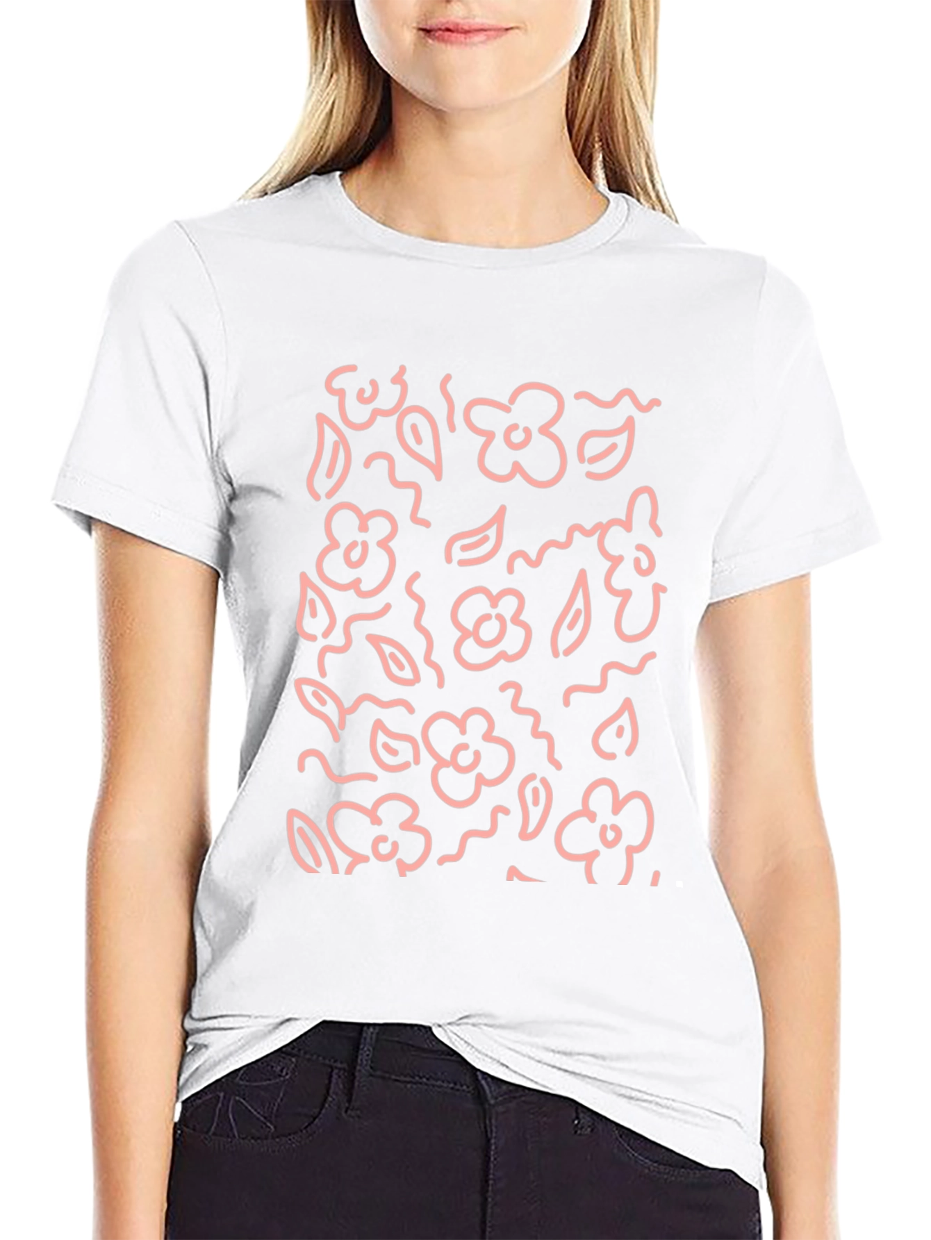 Floral Print Black Crewneck T-Shirt