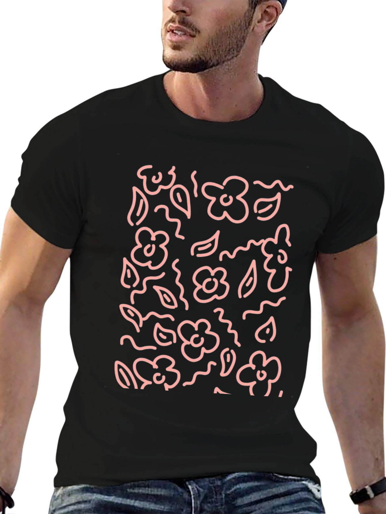 Floral Print Black Crewneck T-Shirt