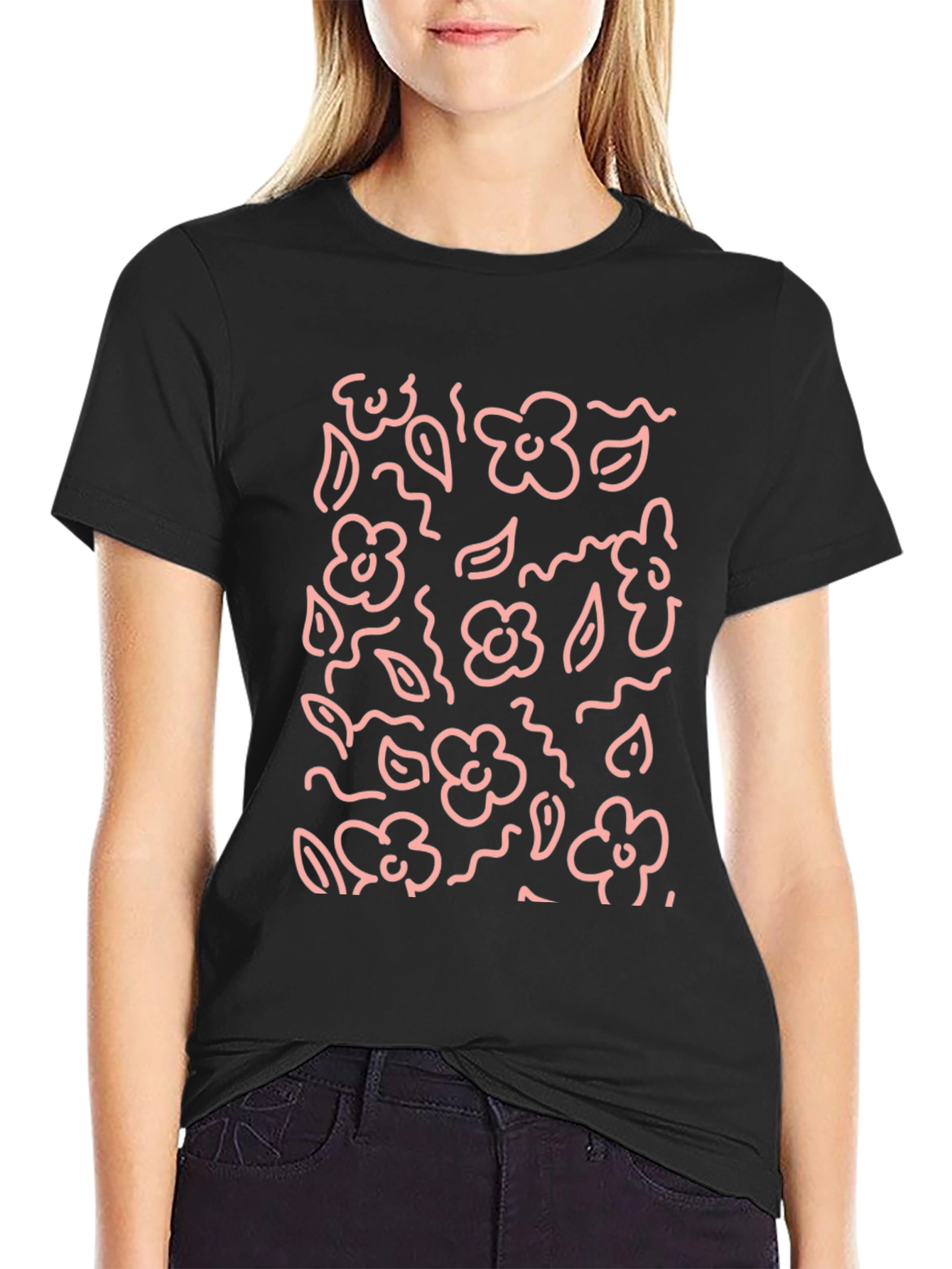 Floral Print Black Crewneck T-Shirt